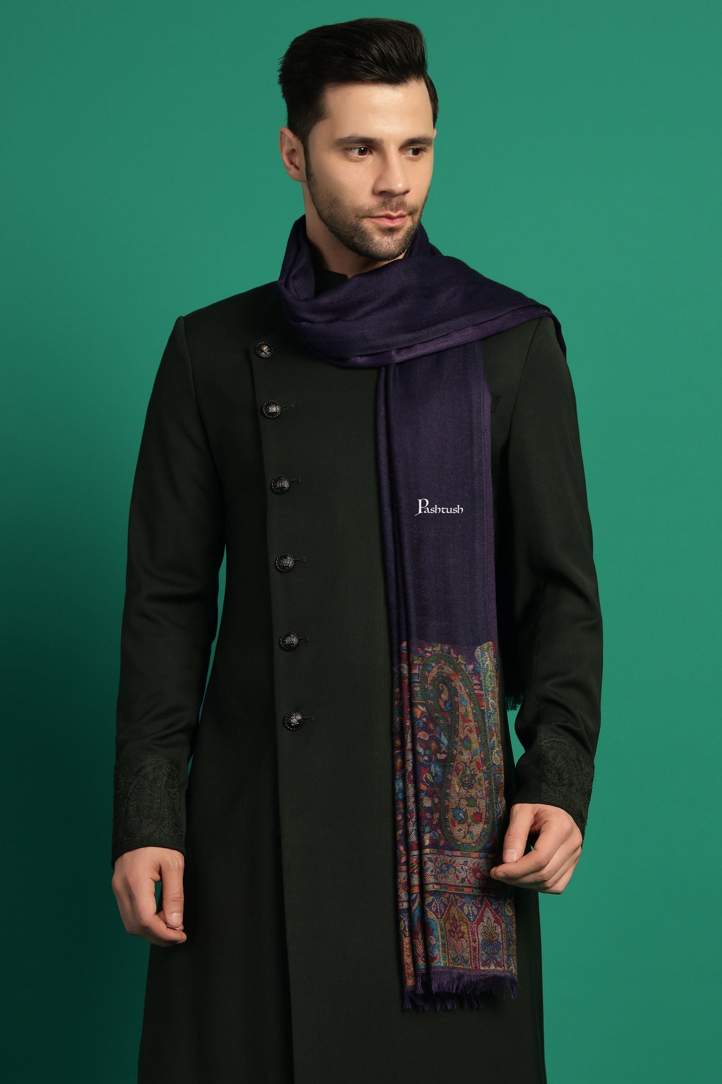 Pashtush India Mens Scarves Stoles and Mufflers Pashtush Mens 100% Pure Wool With Woolmark Certificate Stole, Ambi Palla Design, Blue