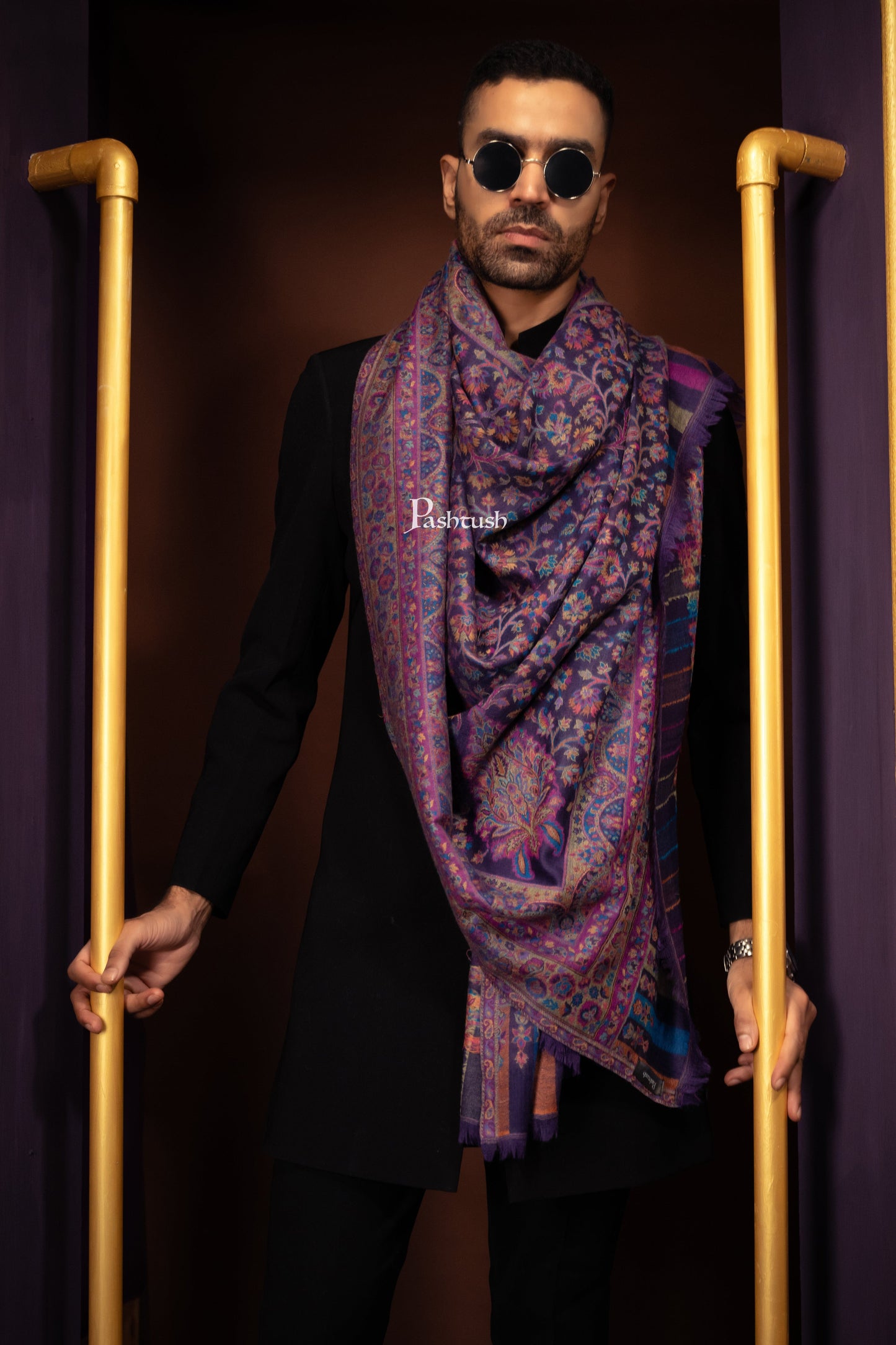 Pashtush India Mens Scarves Stoles and Mufflers Pashtush Mens 100% Pure Wool With Woolmark Certificate Stole, Ethnic Paisley Weave Soft And Warm Design, Blue