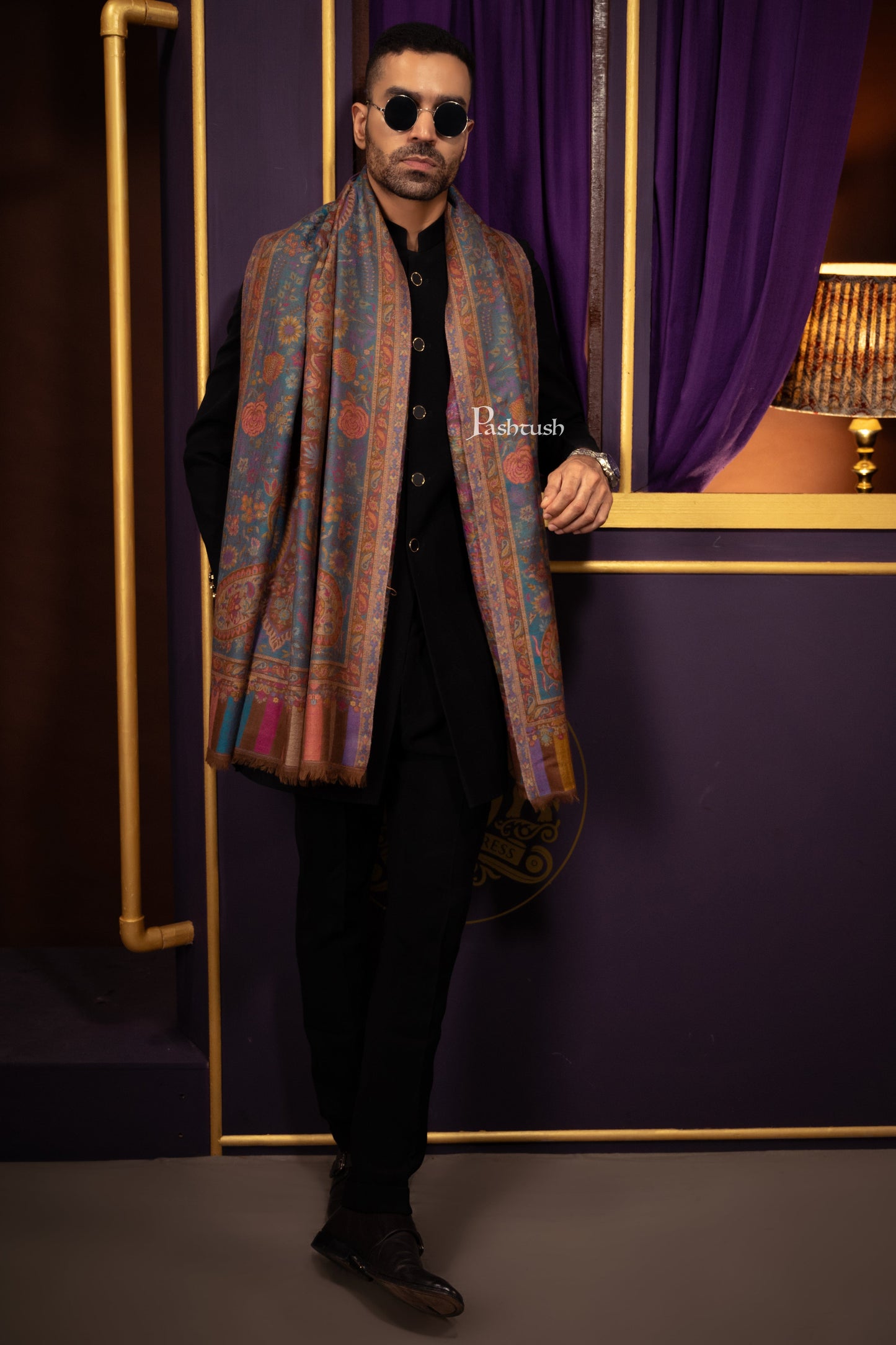 Pashtush India Mens Scarves Stoles and Mufflers Pashtush Mens 100% Pure Wool With Woolmark Certificate Stole, Ethnic Paisley Weave Soft And Warm Design, Brown