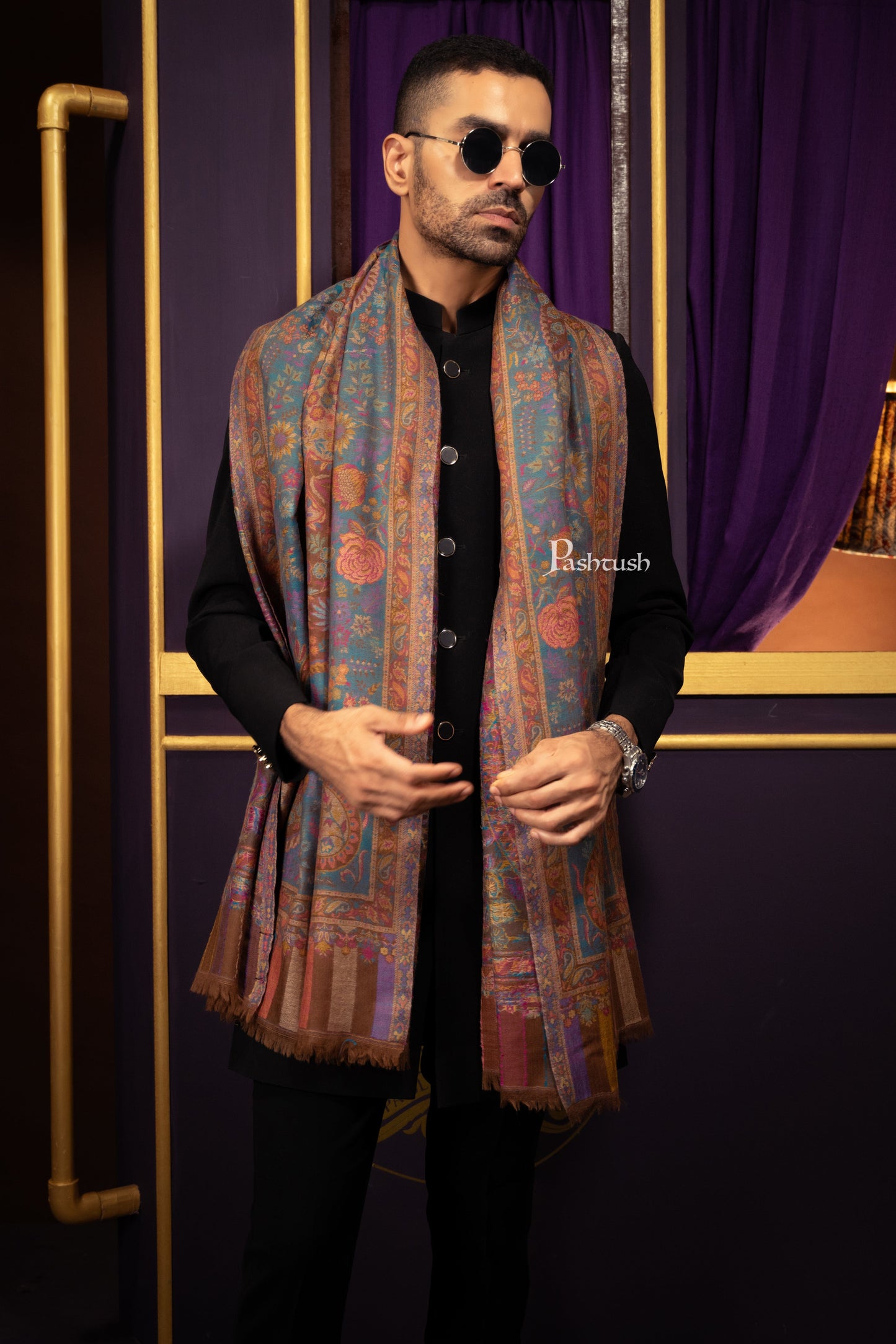 Pashtush India Mens Scarves Stoles and Mufflers Pashtush Mens 100% Pure Wool With Woolmark Certificate Stole, Ethnic Paisley Weave Soft And Warm Design, Brown