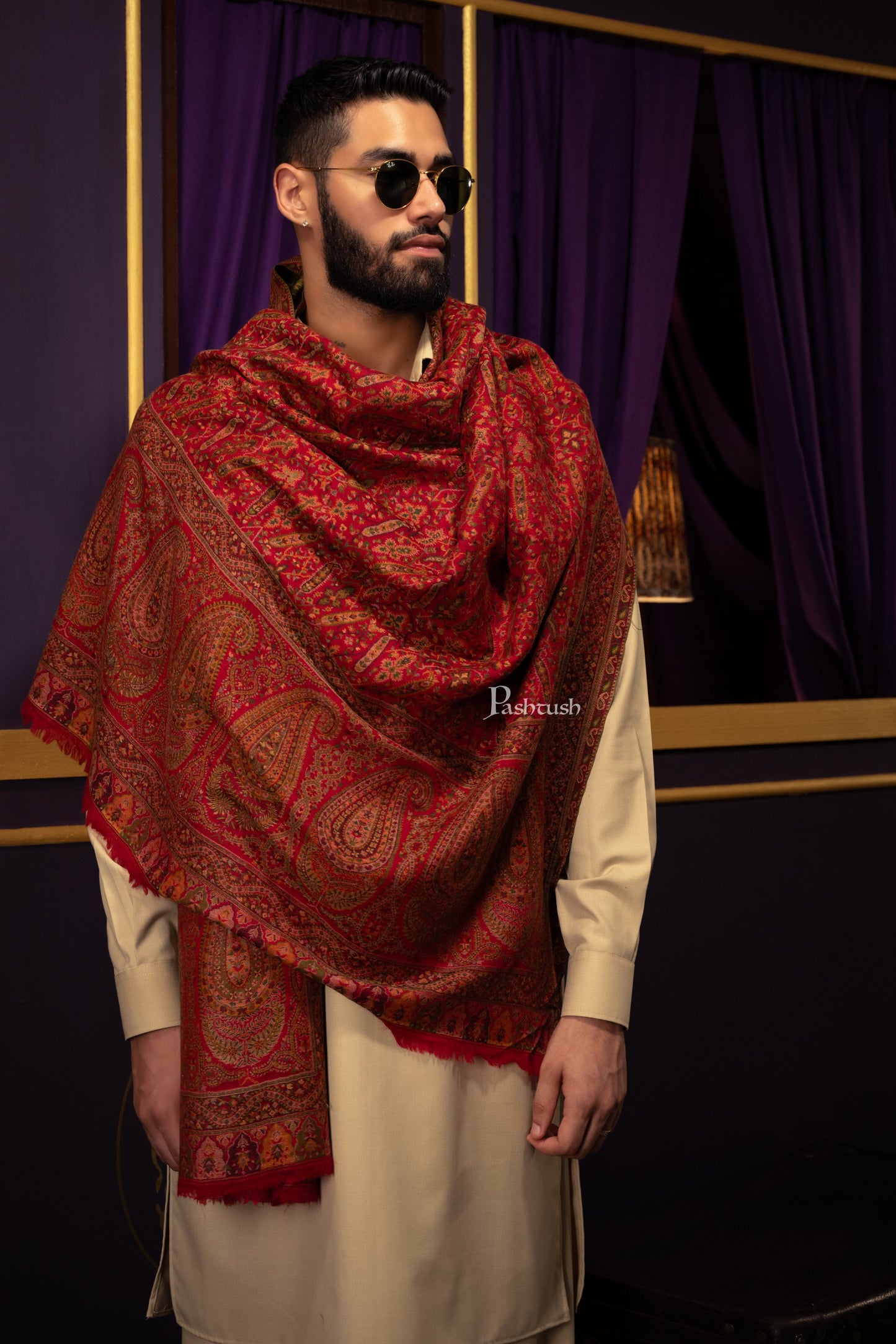 Pashtush India Mens Scarves Stoles and Mufflers Pashtush Mens 100% Pure Wool With Woolmark Certificate Stole, Ethnic Paisley Weave Soft And Warm Design, Maroon