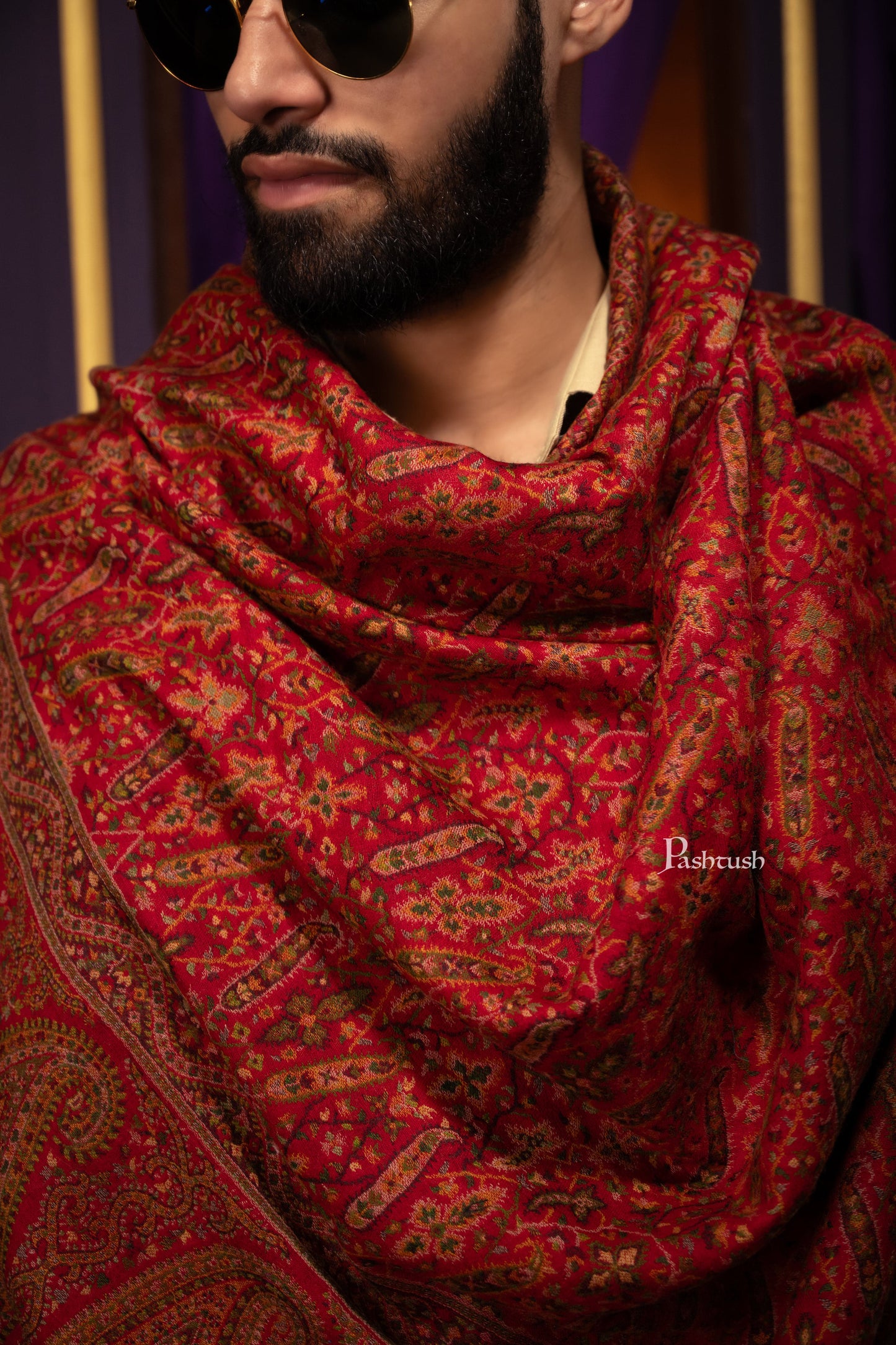 Pashtush India Mens Scarves Stoles and Mufflers Pashtush Mens 100% Pure Wool With Woolmark Certificate Stole, Ethnic Paisley Weave Soft And Warm Design, Maroon