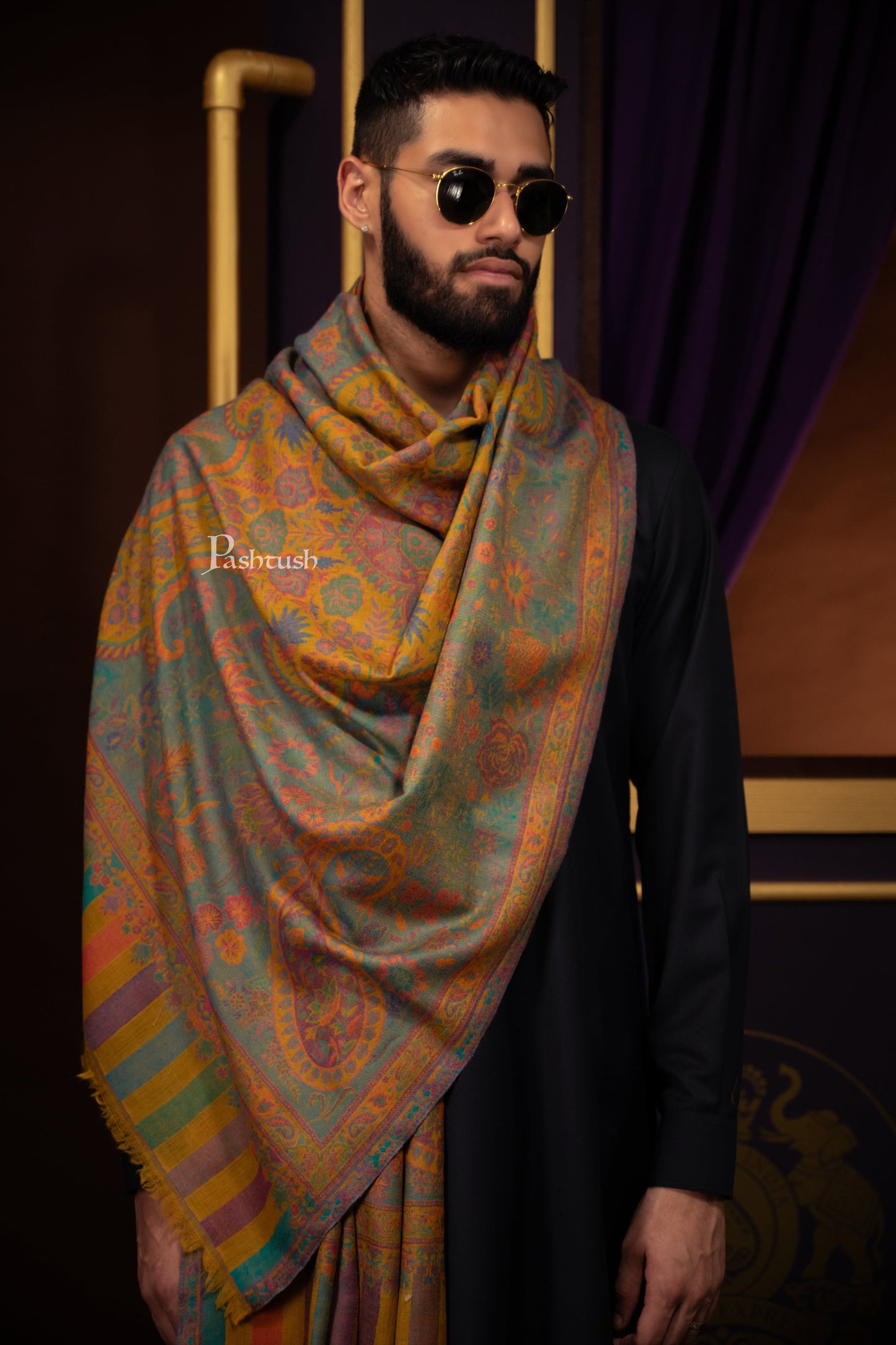 Pashtush India Mens Scarves Stoles and Mufflers Pashtush Mens 100% Pure Wool With Woolmark Certificate Stole, Ethnic Paisley Weave Soft And Warm Design, Mustard