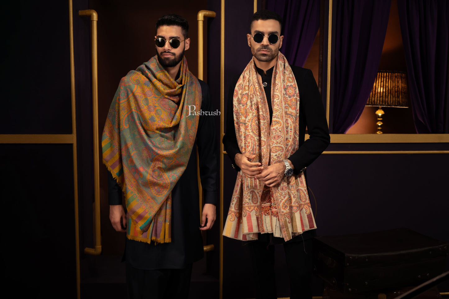 Pashtush India Mens Scarves Stoles and Mufflers Pashtush Mens 100% Pure Wool With Woolmark Certificate Stole, Ethnic Paisley Weave Soft And Warm Design, Mustard