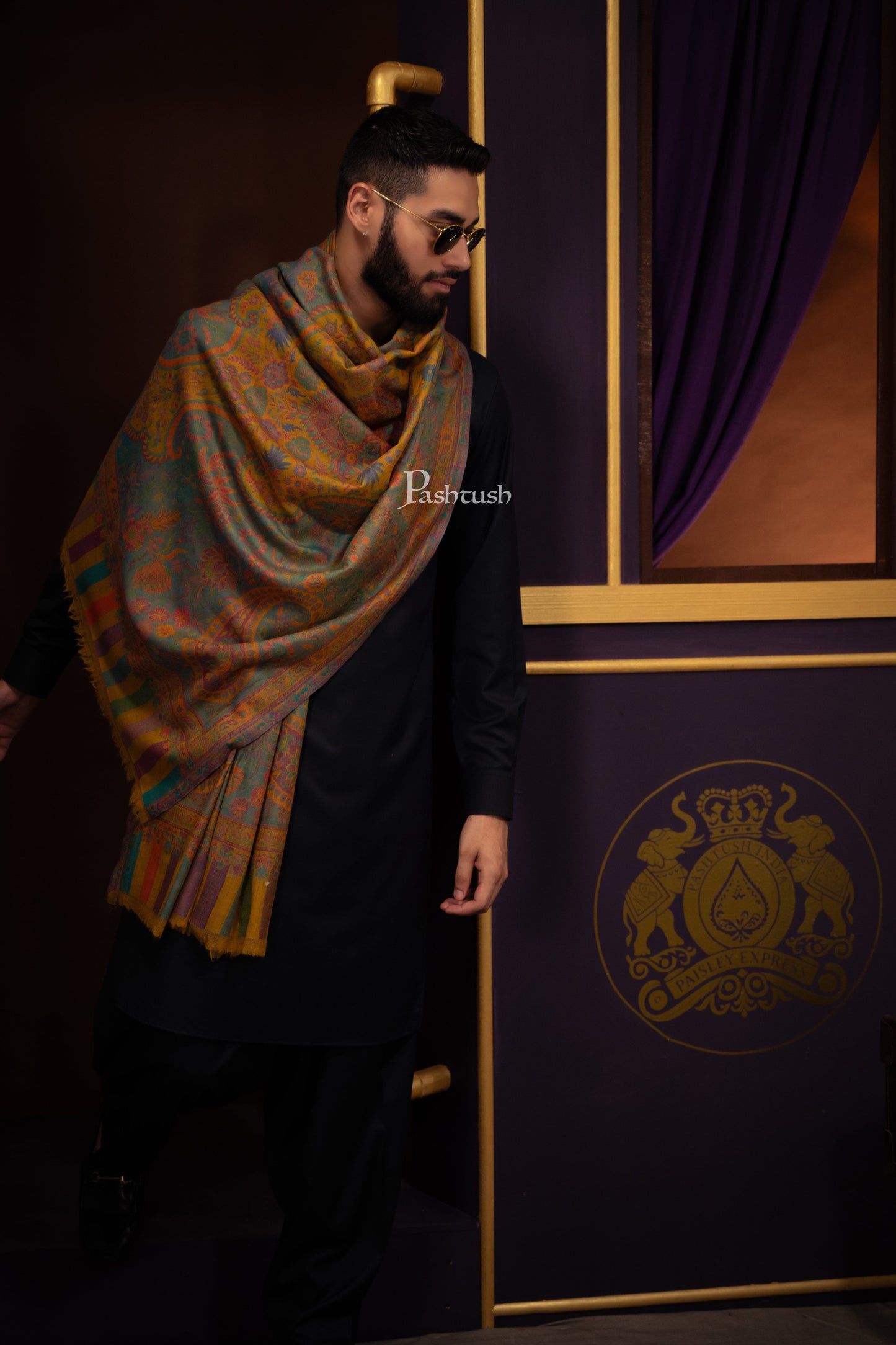 Pashtush India Mens Scarves Stoles and Mufflers Pashtush Mens 100% Pure Wool With Woolmark Certificate Stole, Ethnic Paisley Weave Soft And Warm Design, Mustard