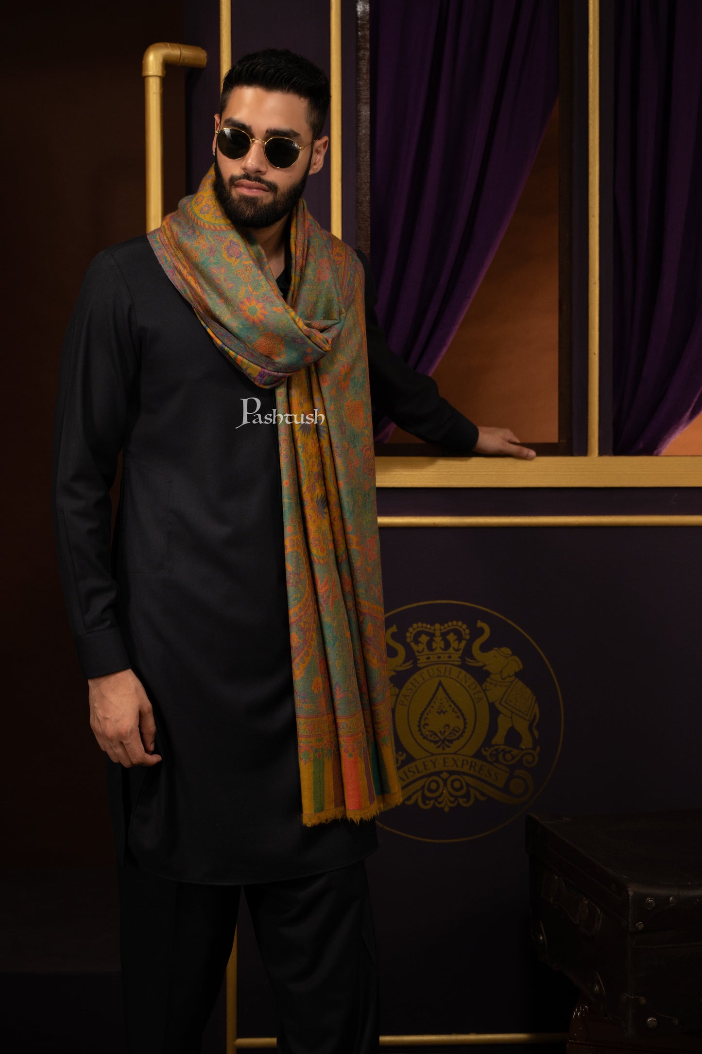 Pashtush India Mens Scarves Stoles and Mufflers Pashtush Mens 100% Pure Wool With Woolmark Certificate Stole, Ethnic Paisley Weave Soft And Warm Design, Mustard