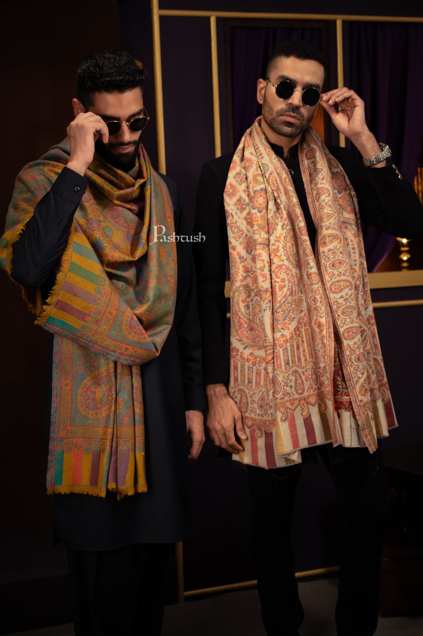 Pashtush India Mens Scarves Stoles and Mufflers Pashtush Mens 100% Pure Wool With Woolmark Certificate Stole, Ethnic Paisley Weave Soft And Warm Design, Mustard