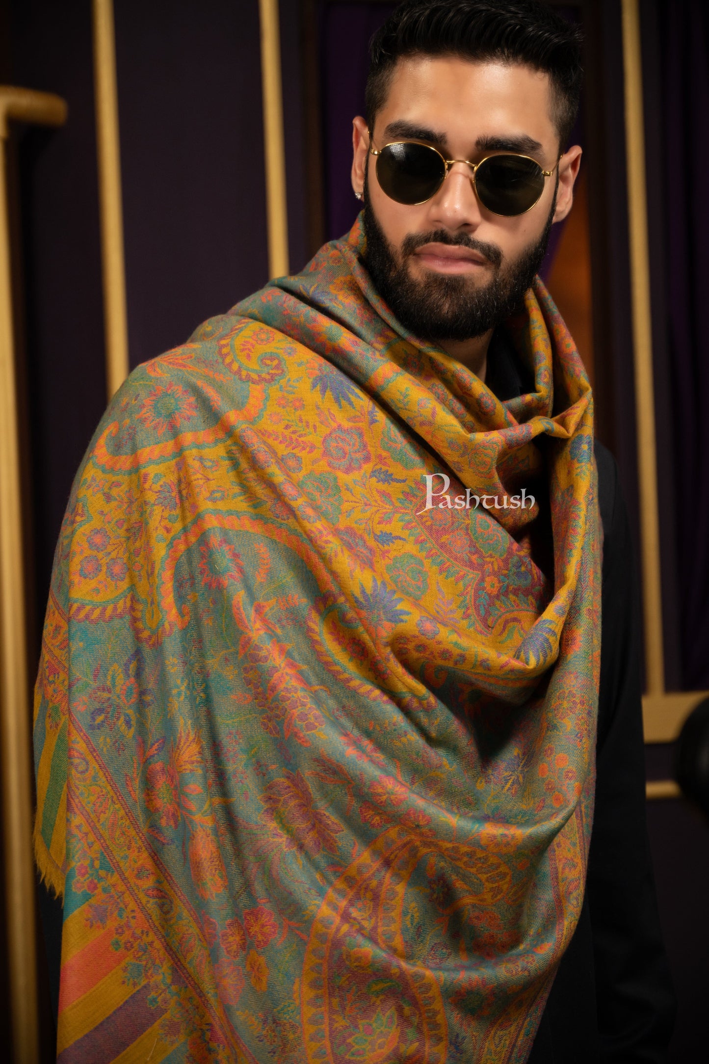 Pashtush India Mens Scarves Stoles and Mufflers Pashtush Mens 100% Pure Wool With Woolmark Certificate Stole, Ethnic Paisley Weave Soft And Warm Design, Mustard
