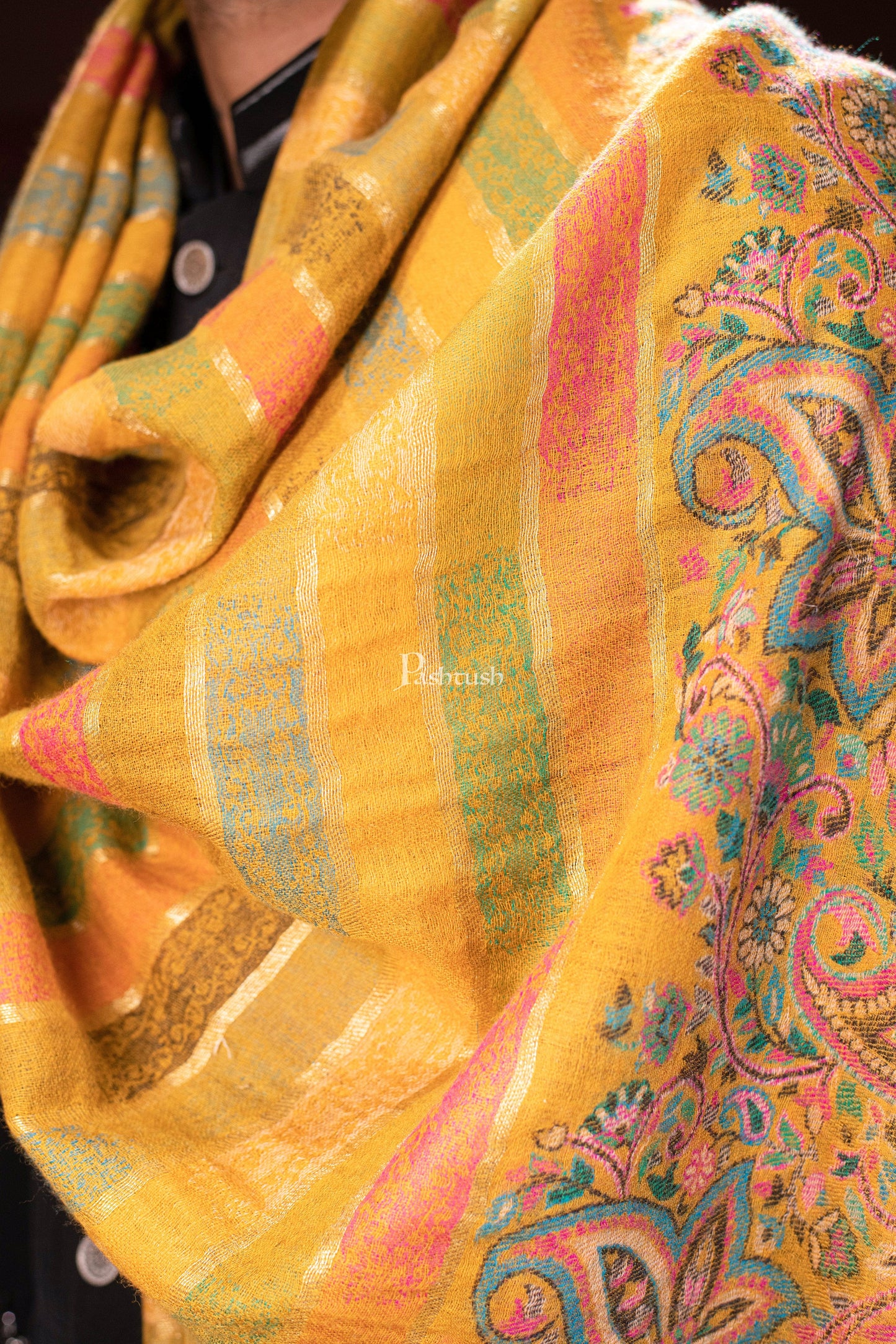 Pashtush India Mens Scarves Stoles and Mufflers Pashtush mens 100% Pure Wool with Woolmark Certificate stole, Ethnic Stripe design, Mustard