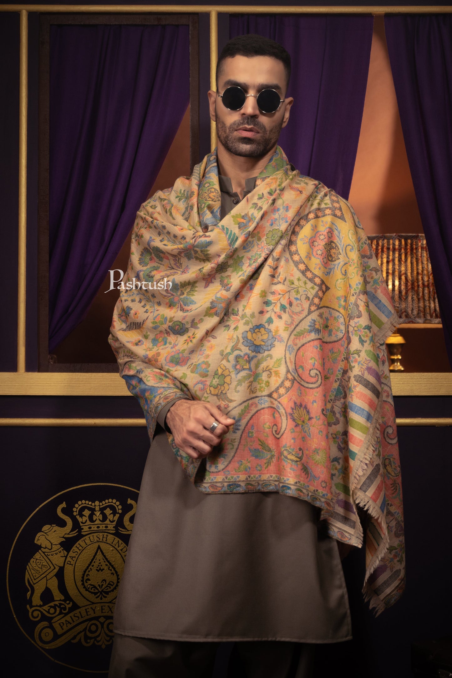 Pashtush India Mens Scarves Stoles and Mufflers Pashtush Mens 100% Pure Wool With Woolmark Certificate Stole, Ethnic Weave Soft And Warm Design, Beige