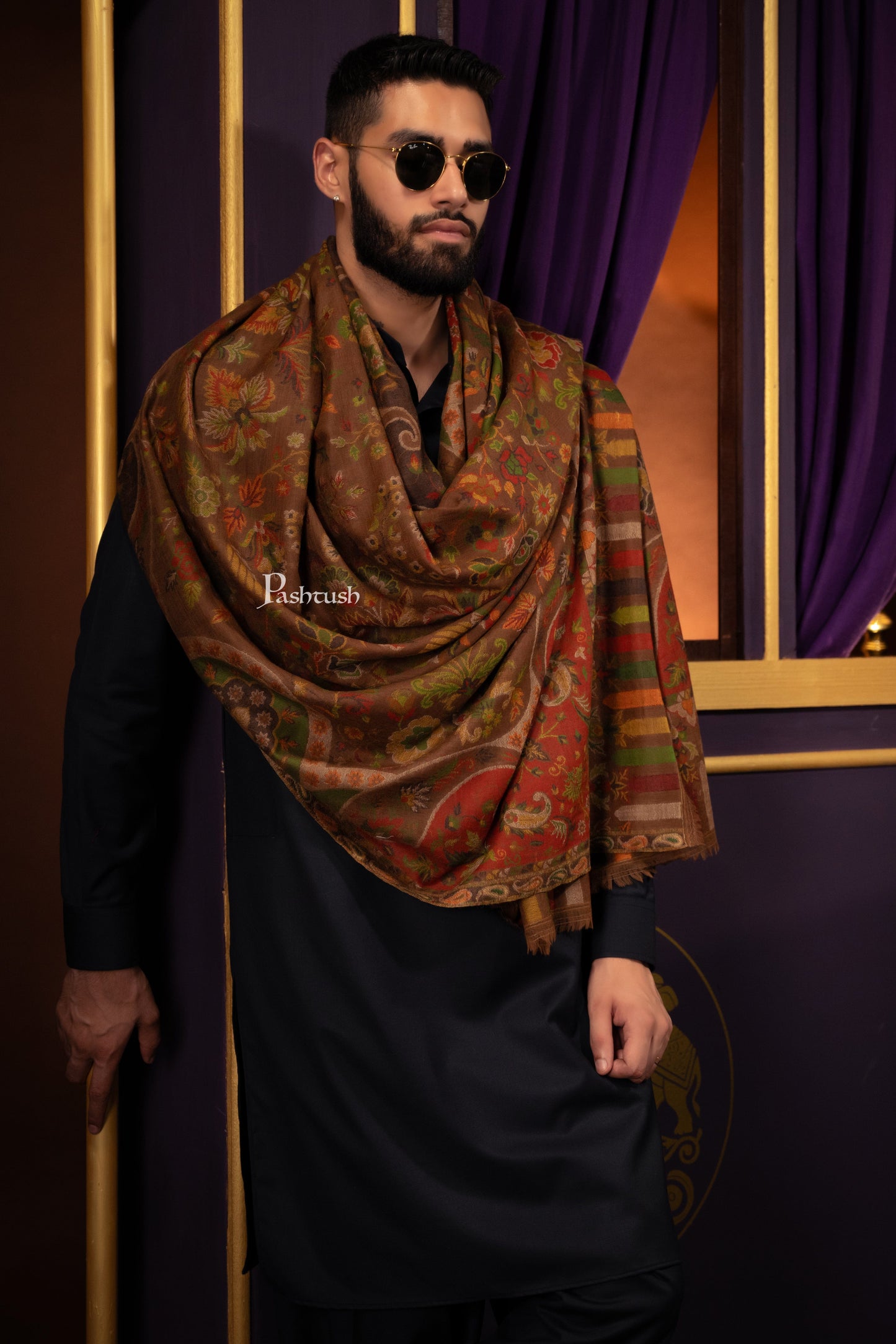 Pashtush India Mens Scarves Stoles and Mufflers Pashtush Mens 100% Pure Wool With Woolmark Certificate Stole, Ethnic Weave Soft And Warm Design, Brown