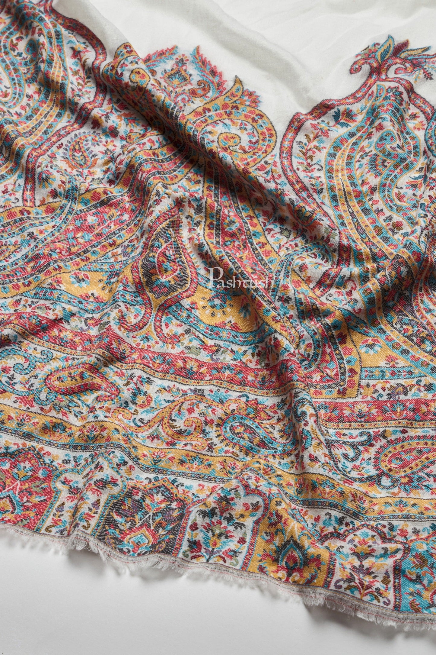 Pashtush India Mens Scarves Stoles and Mufflers Pashtush Mens 100% Pure Wool With Woolmark Certificate Stole, Heritage Antique Design, Ivory