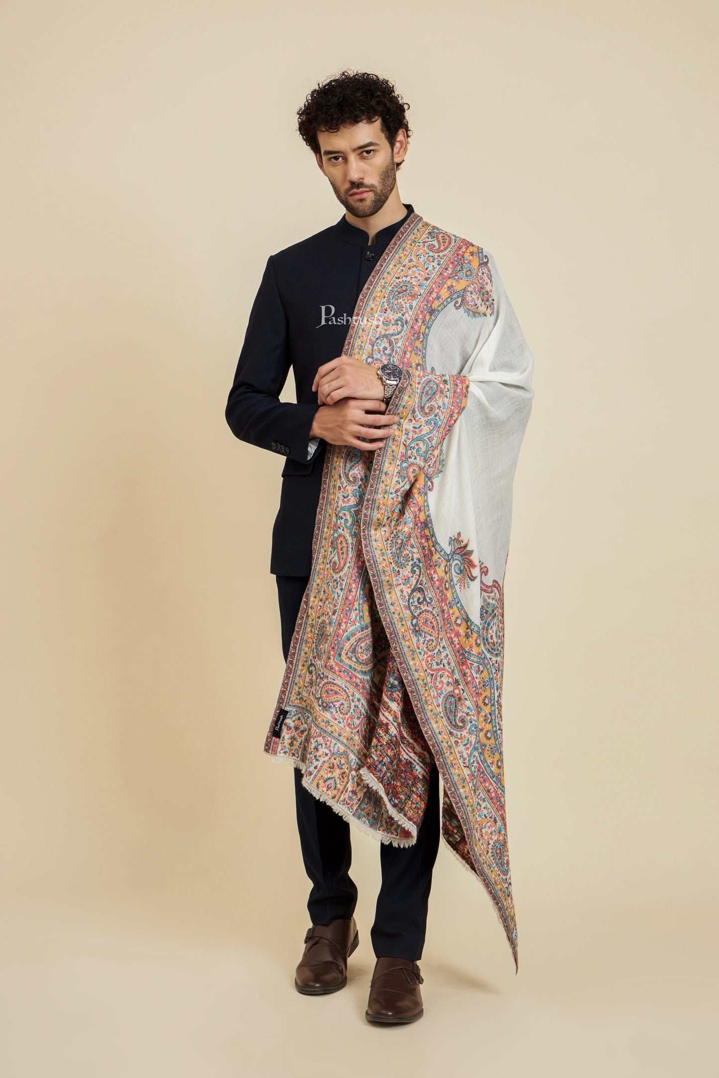 Pashtush India Mens Scarves Stoles and Mufflers Pashtush Mens 100% Pure Wool With Woolmark Certificate Stole, Heritage Antique Design, Ivory