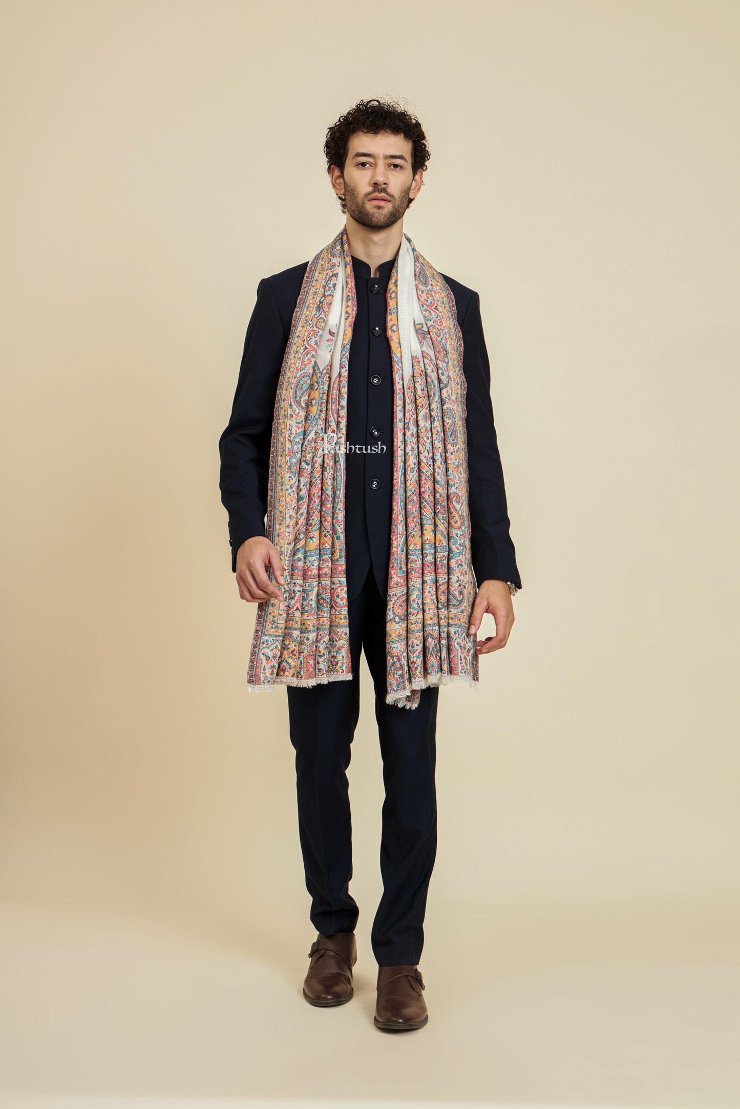 Pashtush India Mens Scarves Stoles and Mufflers Pashtush Mens 100% Pure Wool With Woolmark Certificate Stole, Heritage Antique Design, Ivory