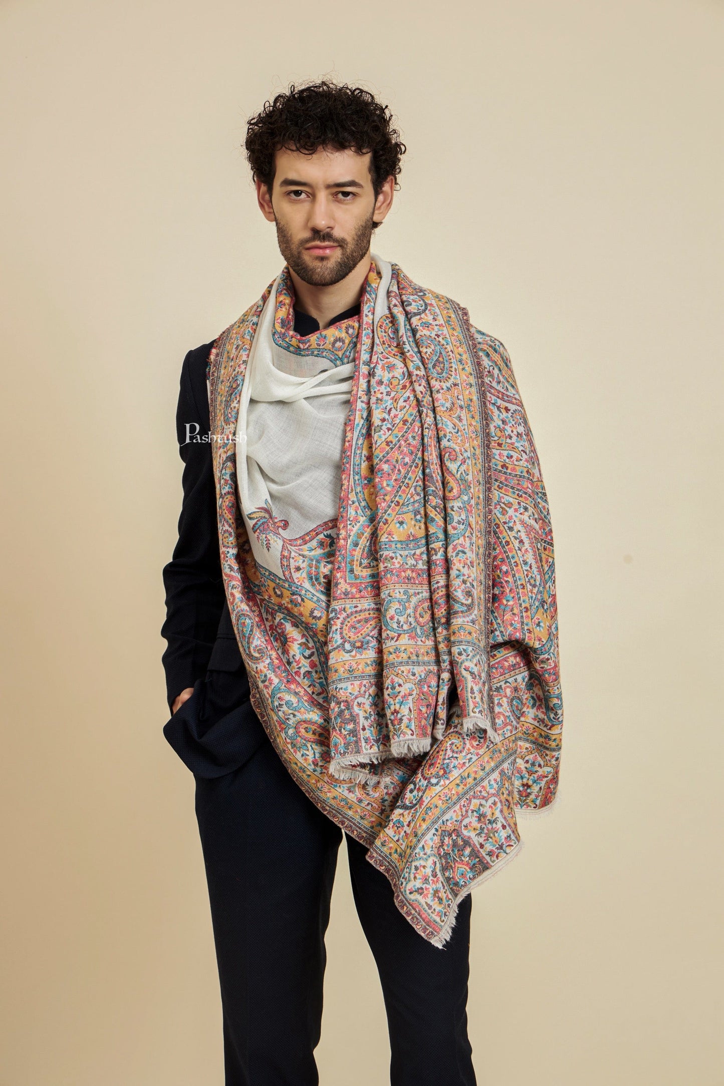 Pashtush India Mens Scarves Stoles and Mufflers Pashtush Mens 100% Pure Wool With Woolmark Certificate Stole, Heritage Antique Design, Ivory