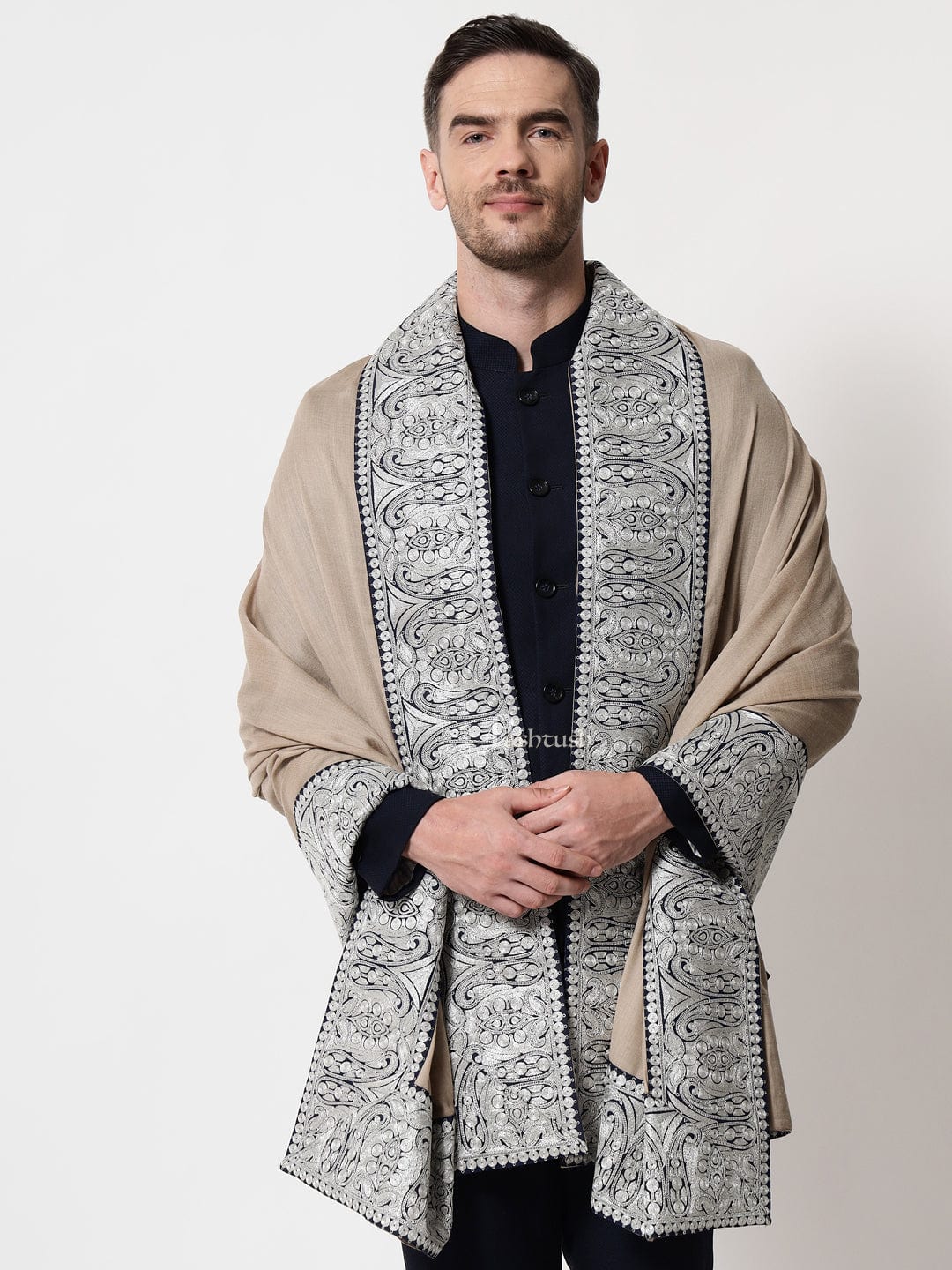 Pashtush India Mens Scarves Stoles and Mufflers Pashtush mens 100% Pure Wool with Woolmark Certificate stole, Metallic Tilla border weave design, Beige