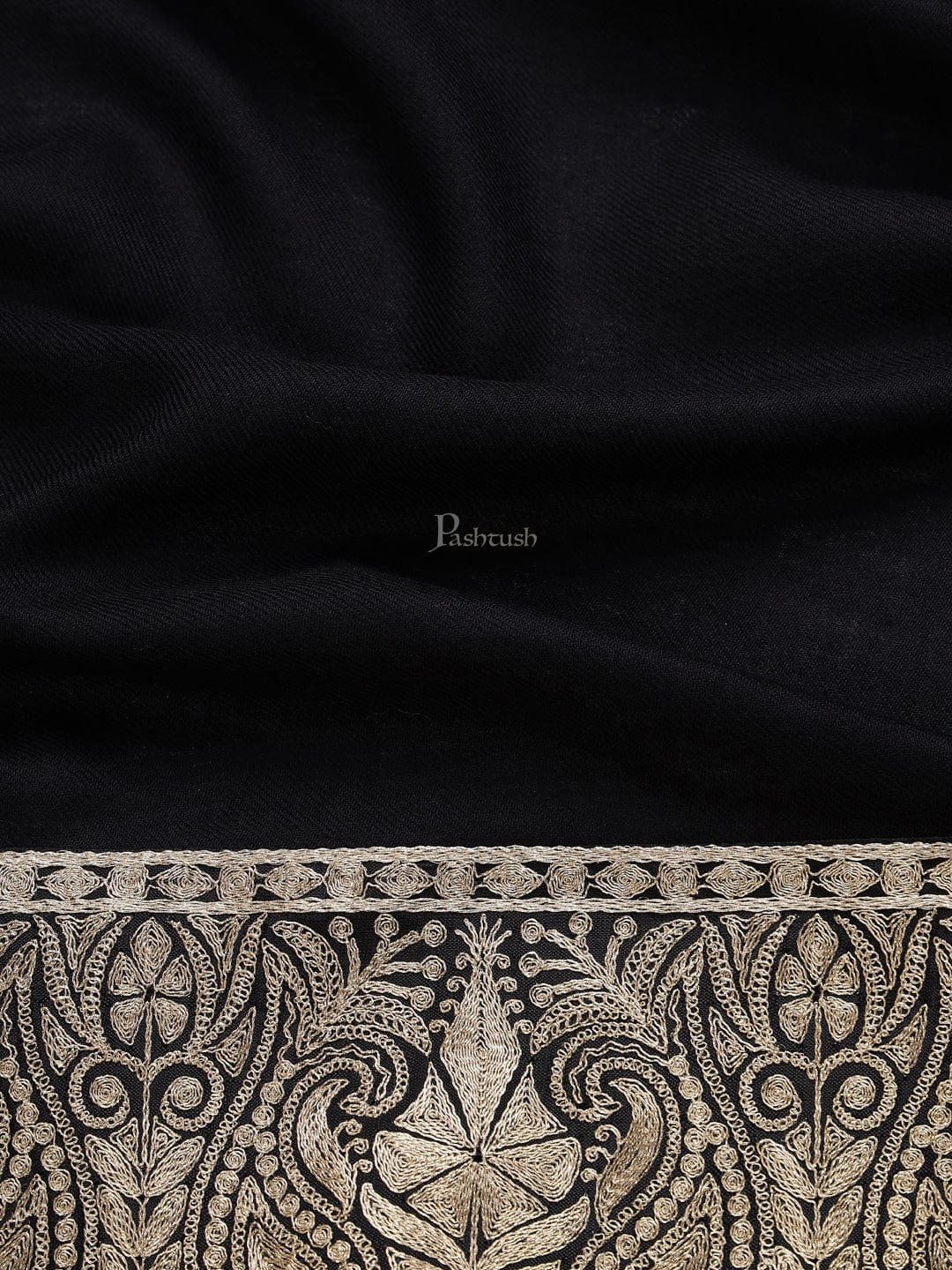 Pashtush India Mens Scarves Stoles and Mufflers Pashtush mens 100% Pure Wool with Woolmark Certificate stole, Metallic Tilla border weave design, Black