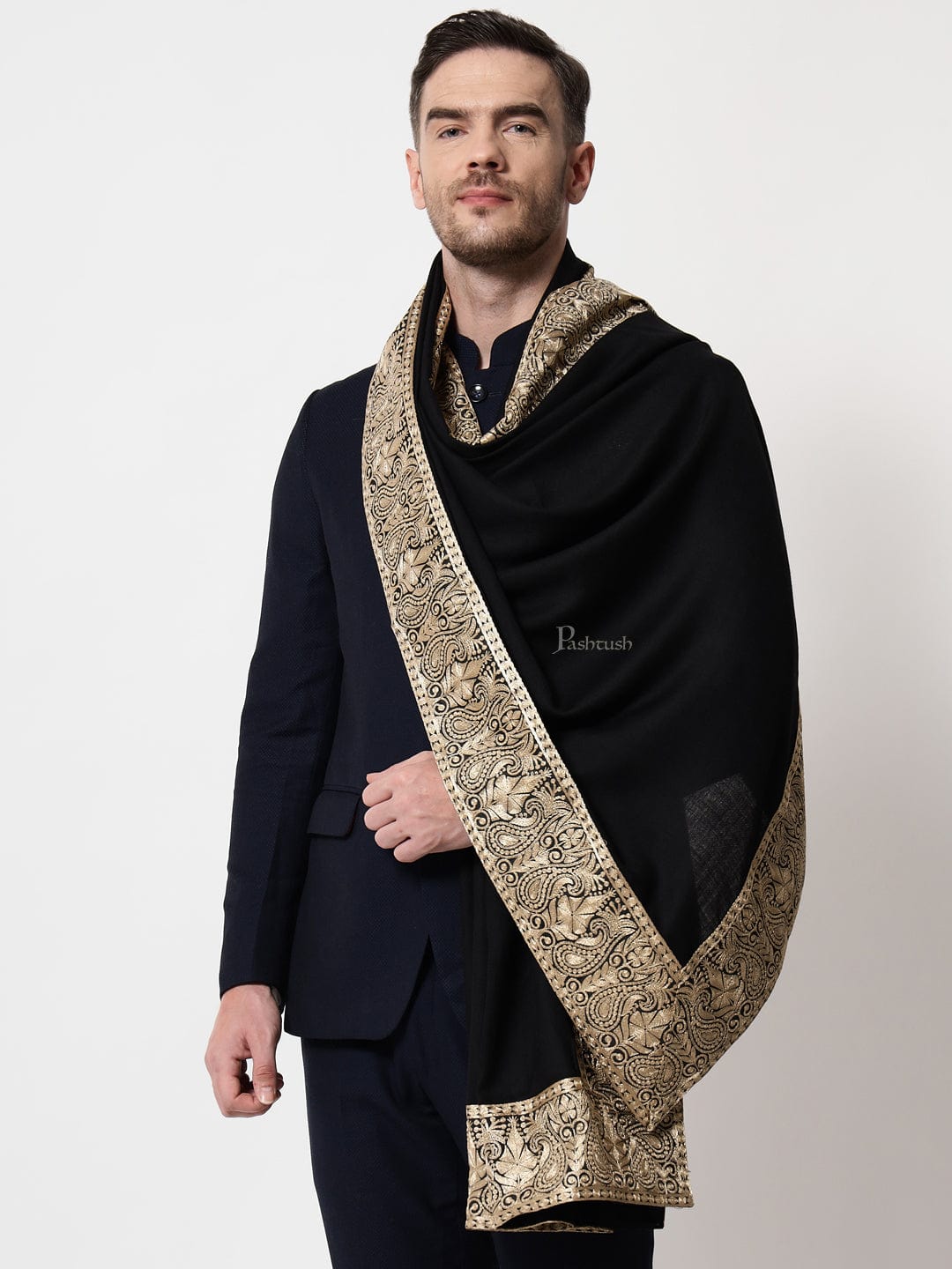 Pashtush India Mens Scarves Stoles and Mufflers Pashtush mens 100% Pure Wool with Woolmark Certificate stole, Metallic Tilla border weave design, Black