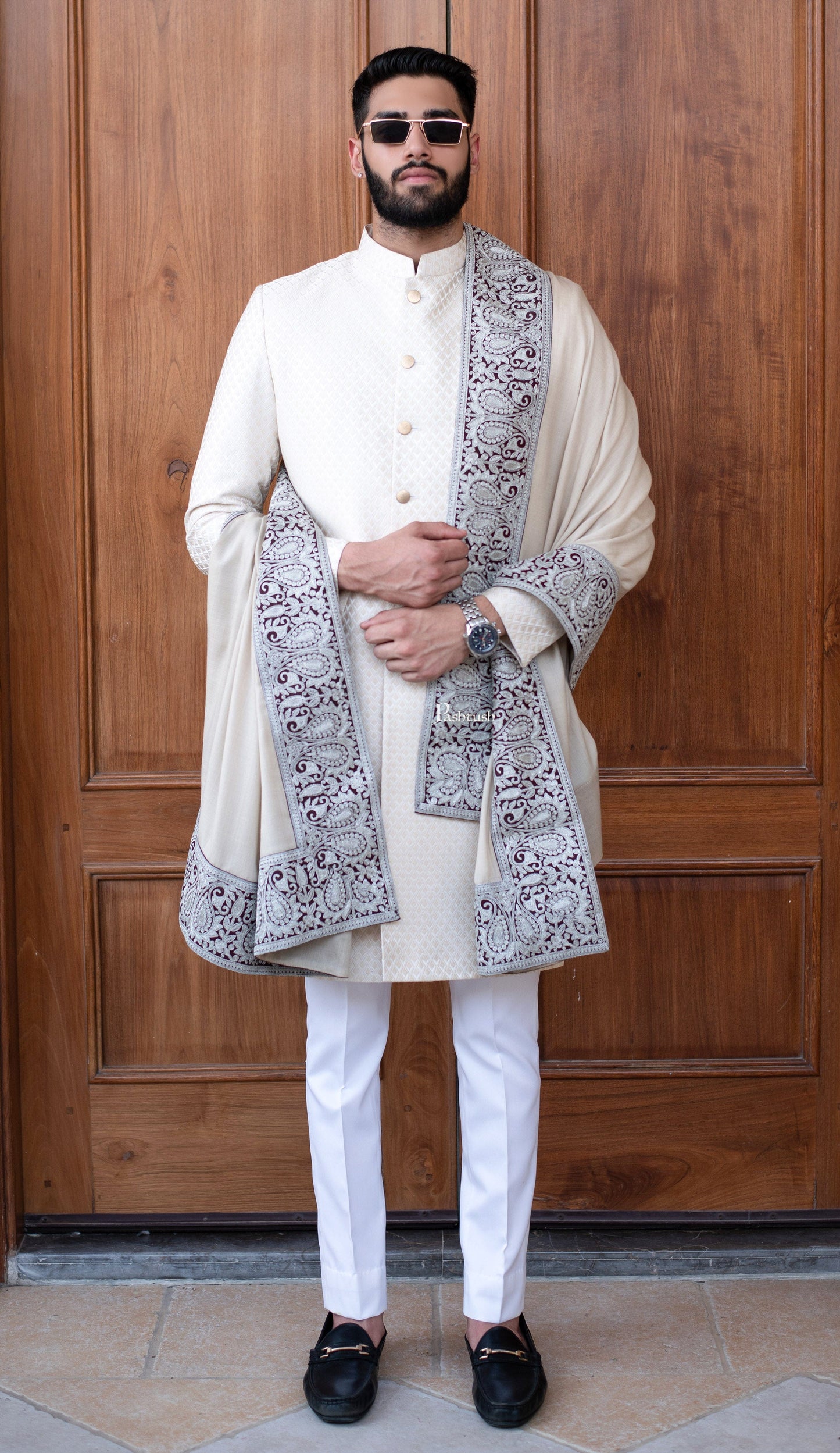 Pashtush India Mens Scarves Stoles and Mufflers Pashtush mens 100% Pure Wool with Woolmark Certificate stole, Metallic Tilla border weave design, Taupe