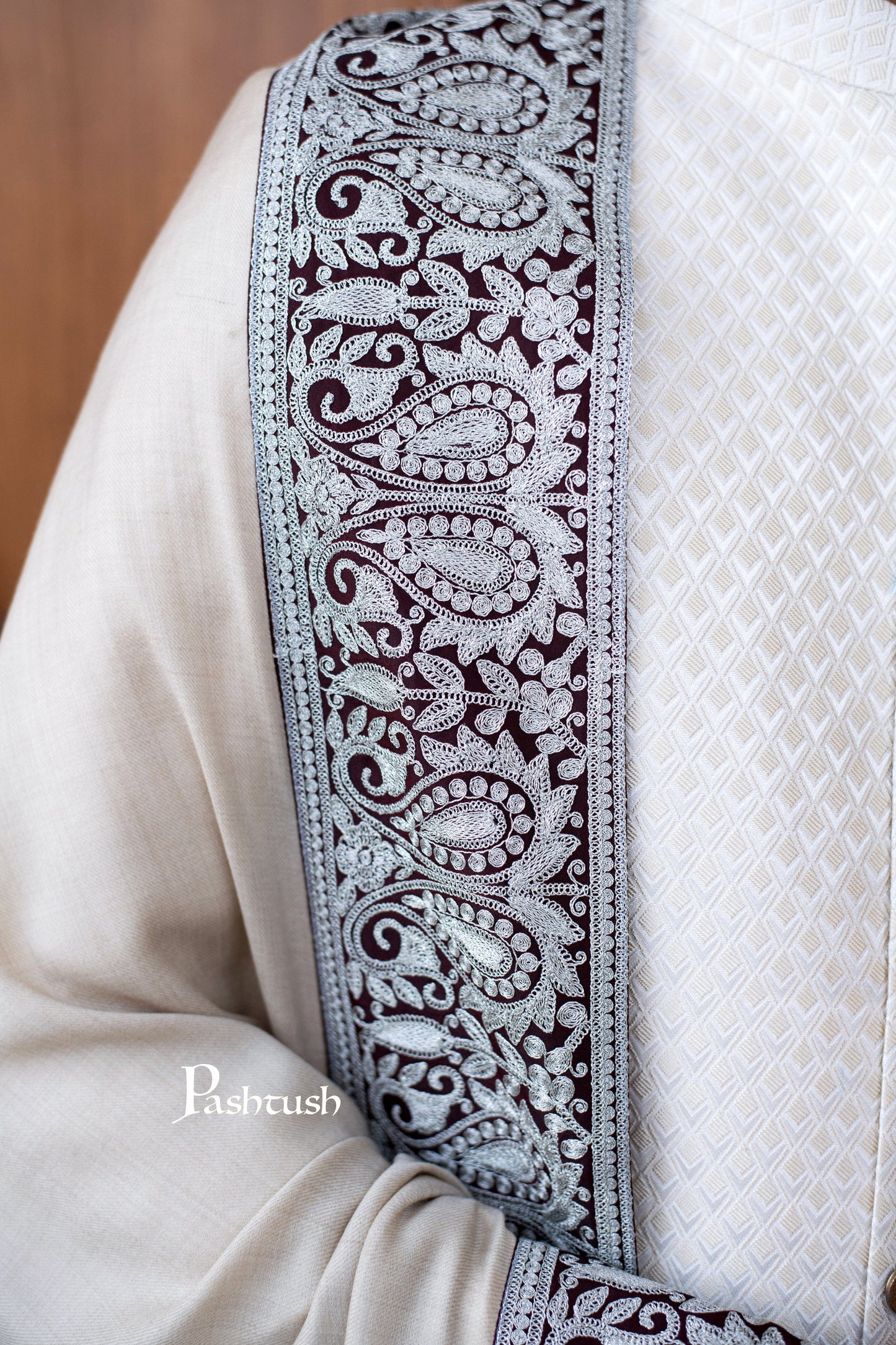Pashtush India Mens Scarves Stoles and Mufflers Pashtush mens 100% Pure Wool with Woolmark Certificate stole, Metallic Tilla border weave design, Taupe
