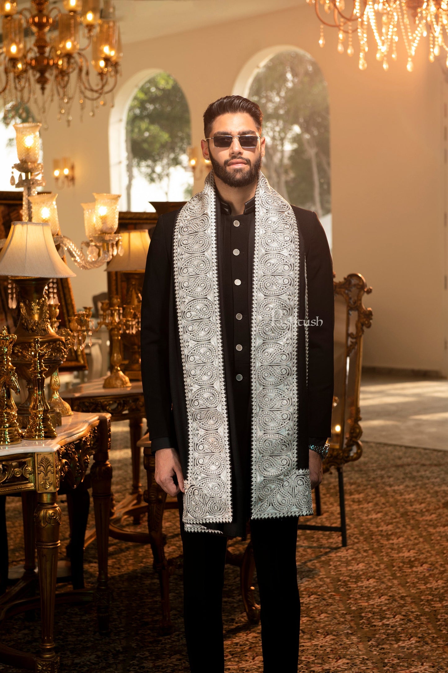 Pashtush India Mens Scarves Stoles and Mufflers Pashtush Mens 100% Pure Wool with Woolmark Certificate Stole, Metallic Tilla Embroidery Border, Rich Black