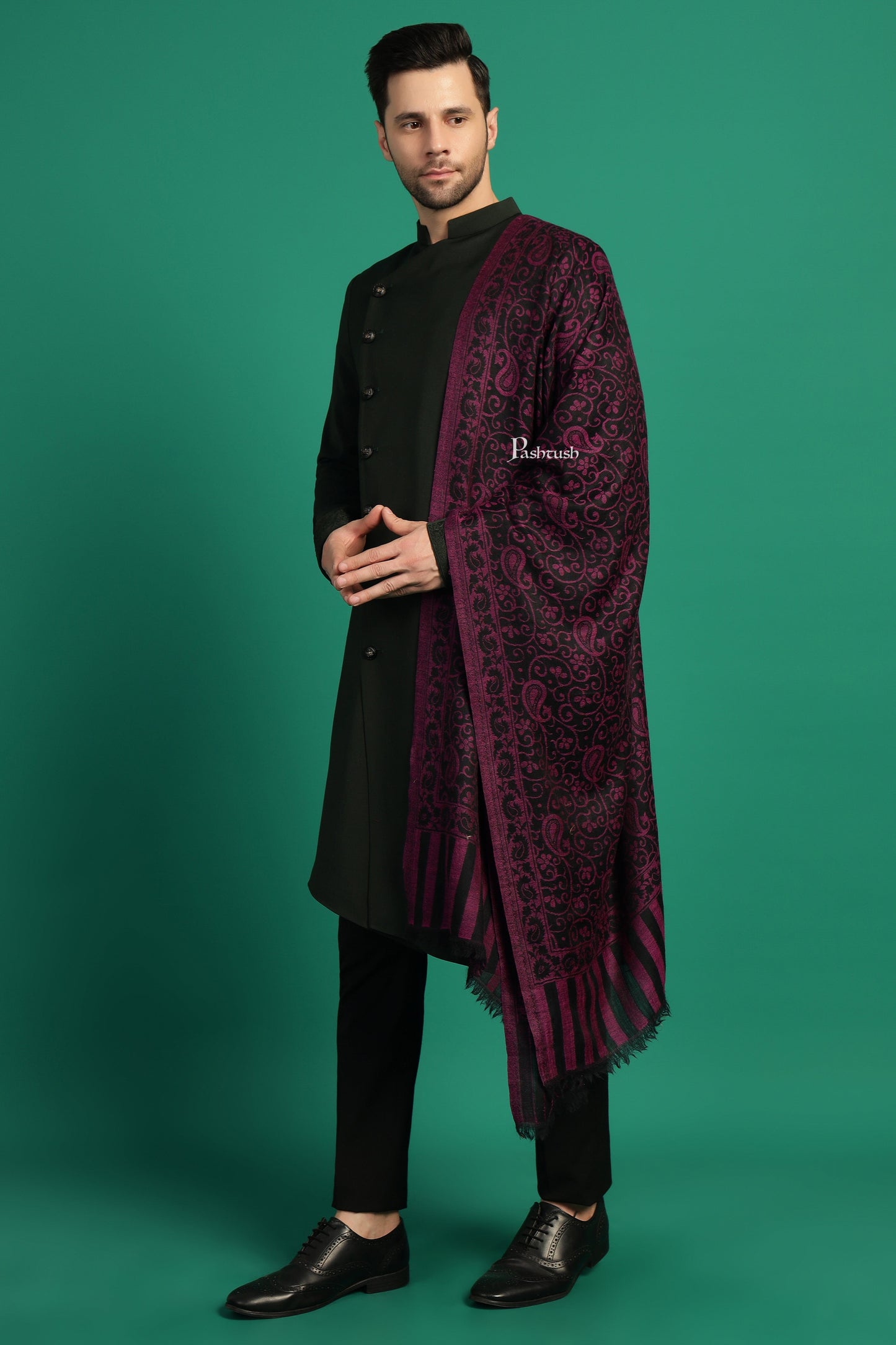 Pashtush India Mens Scarves Stoles and Mufflers Pashtush Mens 100% Pure Wool With Woolmark Certificate Stole, Paisley Design, Black
