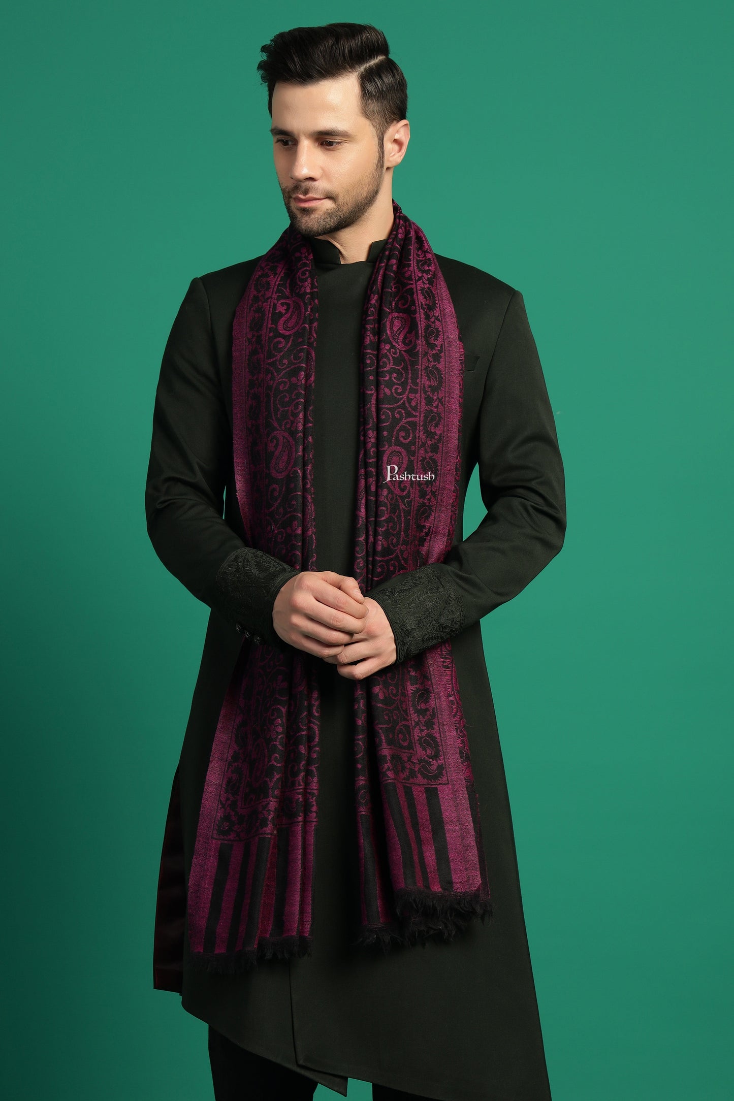 Pashtush India Mens Scarves Stoles and Mufflers Pashtush Mens 100% Pure Wool With Woolmark Certificate Stole, Paisley Design, Black