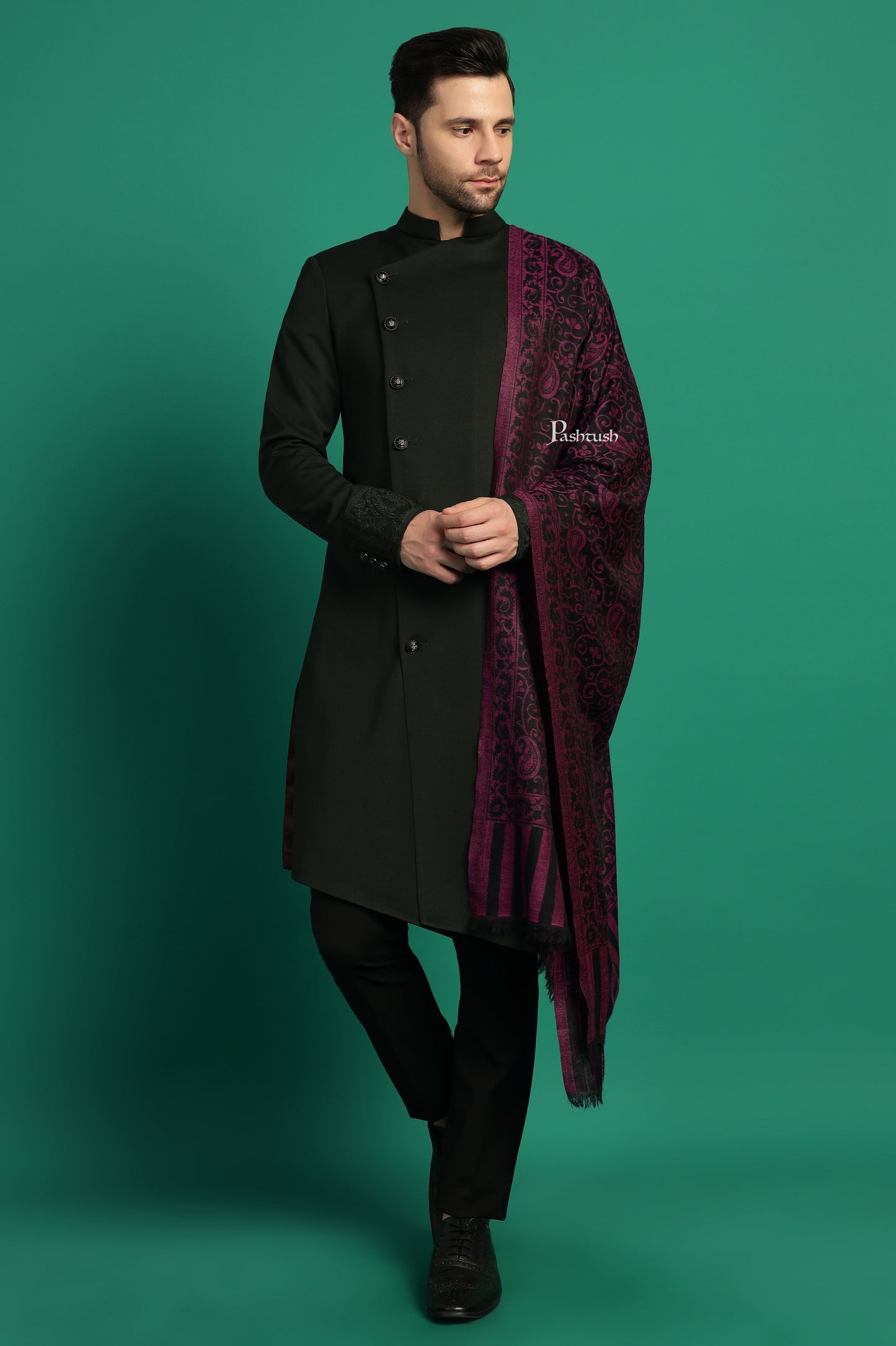 Pashtush India Mens Scarves Stoles and Mufflers Pashtush Mens 100% Pure Wool With Woolmark Certificate Stole, Paisley Design, Black