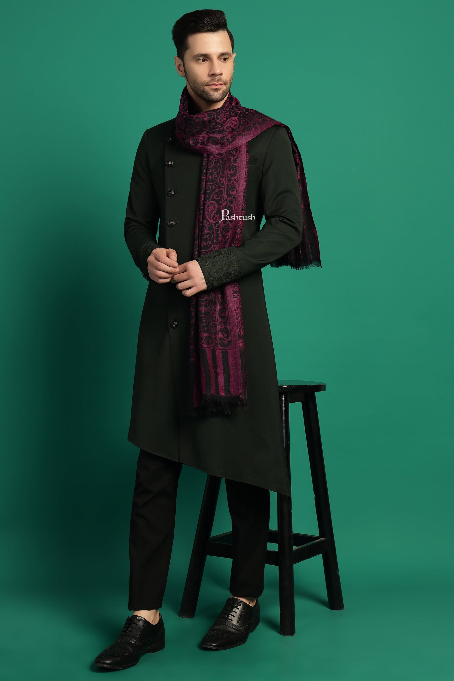 Pashtush India Mens Scarves Stoles and Mufflers Pashtush Mens 100% Pure Wool With Woolmark Certificate Stole, Paisley Design, Black