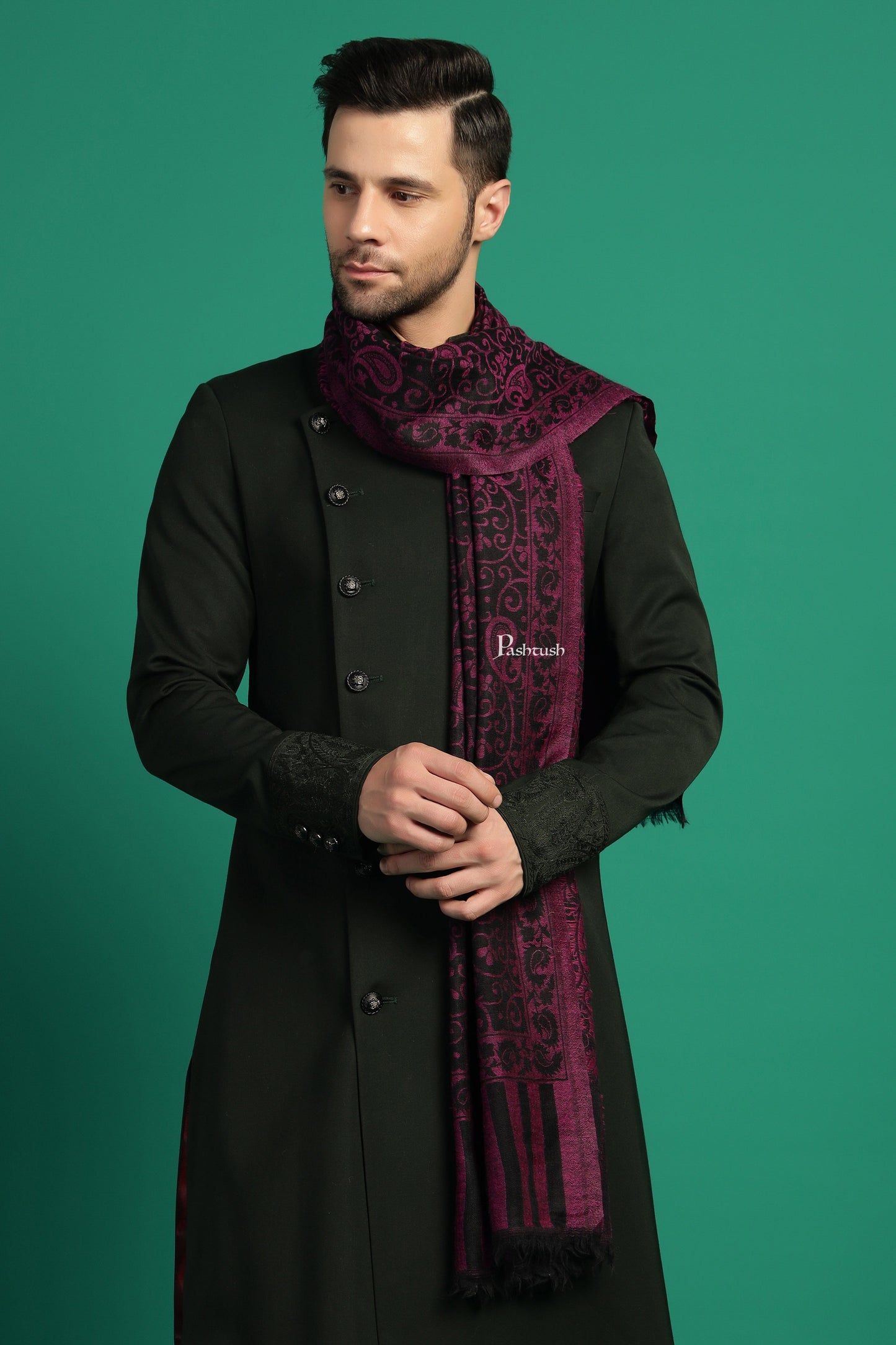 Pashtush India Mens Scarves Stoles and Mufflers Pashtush Mens 100% Pure Wool With Woolmark Certificate Stole, Paisley Design, Black