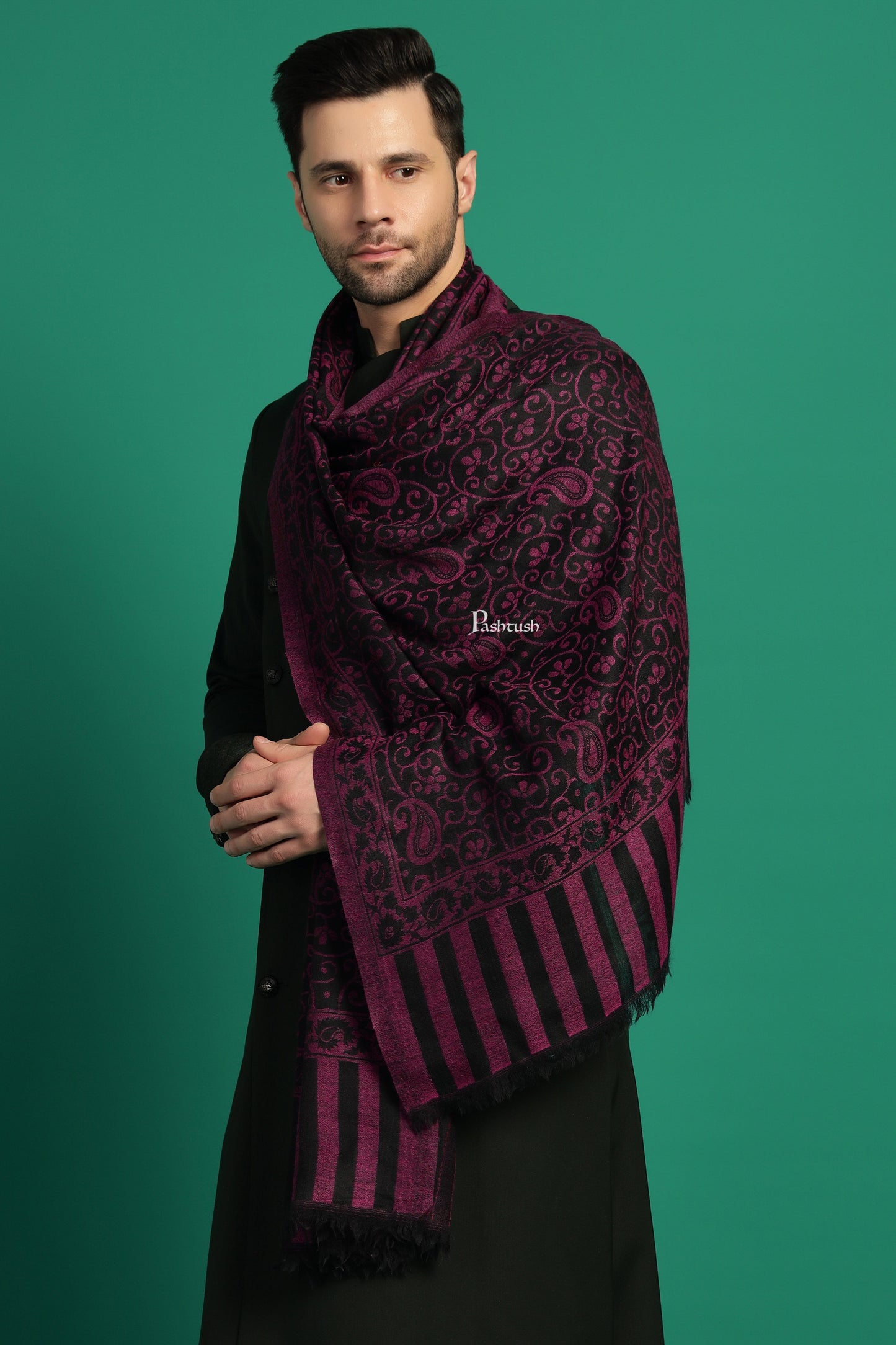 Pashtush India Mens Scarves Stoles and Mufflers Pashtush Mens 100% Pure Wool With Woolmark Certificate Stole, Paisley Design, Black