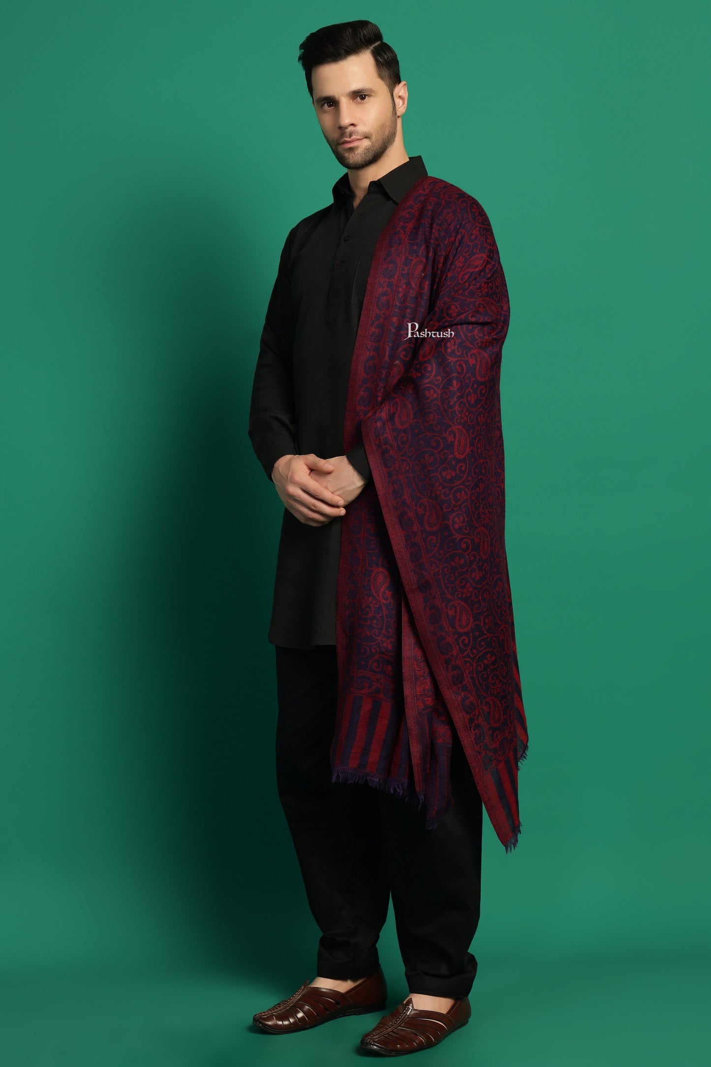 Pashtush India Mens Scarves Stoles and Mufflers Pashtush Mens 100% Pure Wool With Woolmark Certificate Stole, Paisley Design, Blue