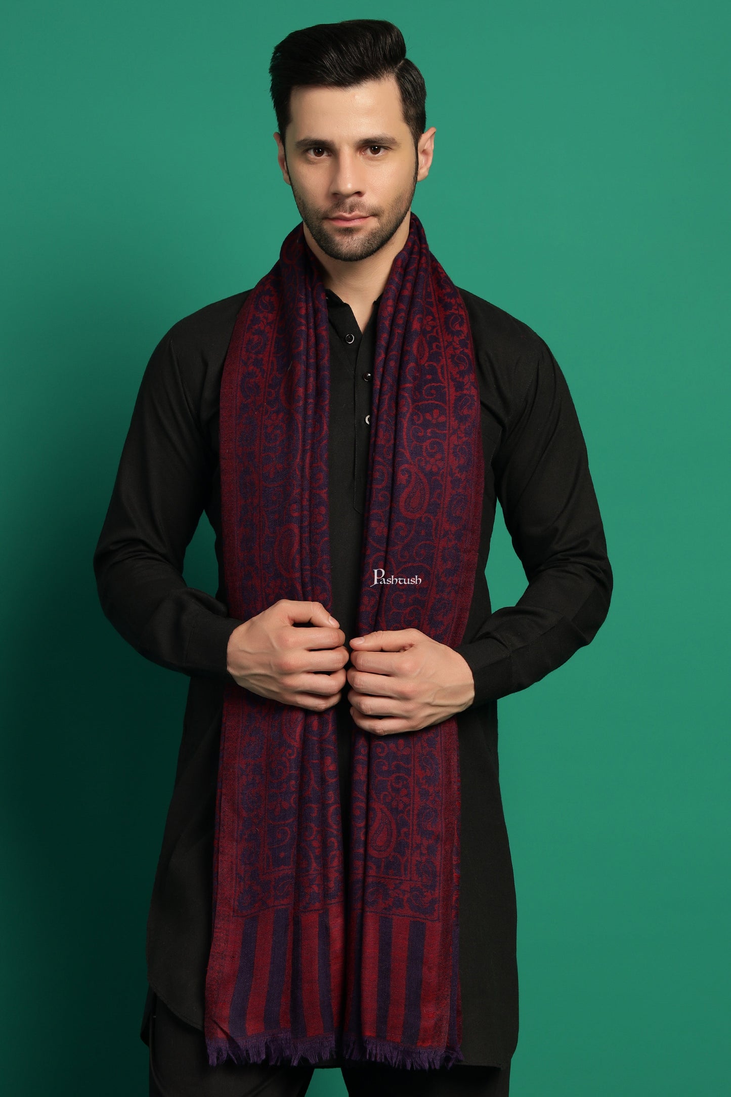 Pashtush India Mens Scarves Stoles and Mufflers Pashtush Mens 100% Pure Wool With Woolmark Certificate Stole, Paisley Design, Blue