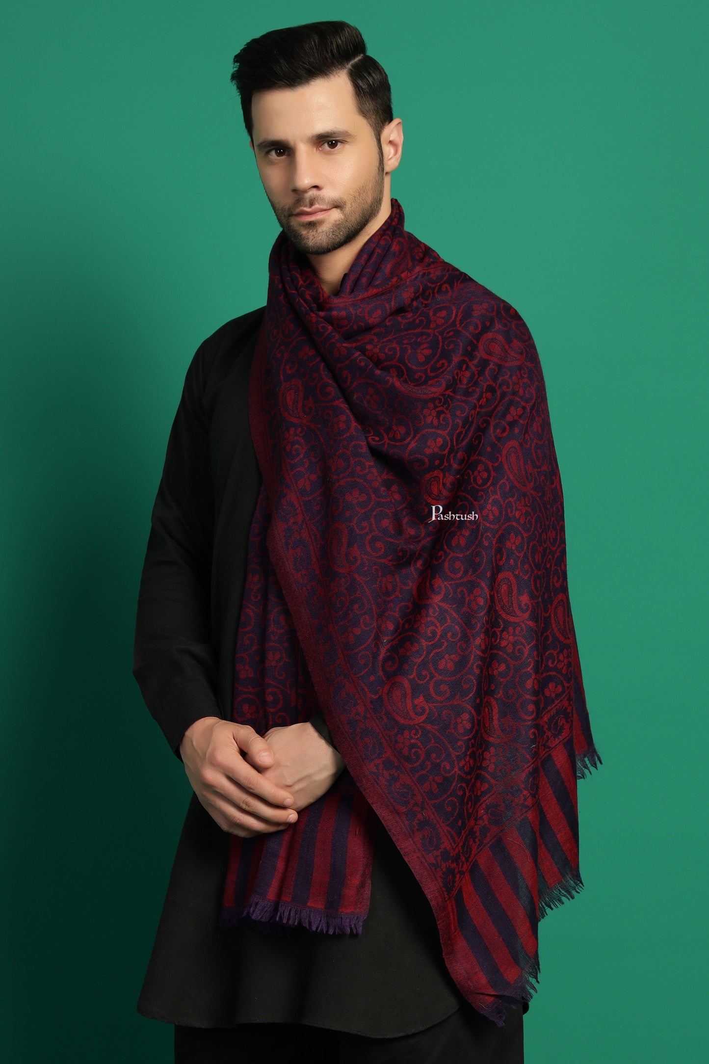 Pashtush India Mens Scarves Stoles and Mufflers Pashtush Mens 100% Pure Wool With Woolmark Certificate Stole, Paisley Design, Blue