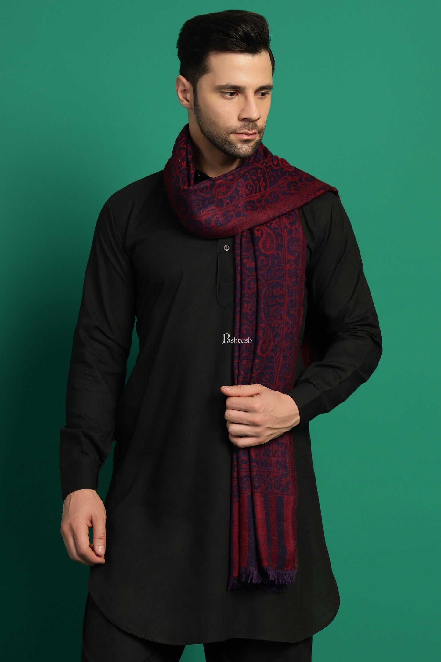 Pashtush India Mens Scarves Stoles and Mufflers Pashtush Mens 100% Pure Wool With Woolmark Certificate Stole, Paisley Design, Blue