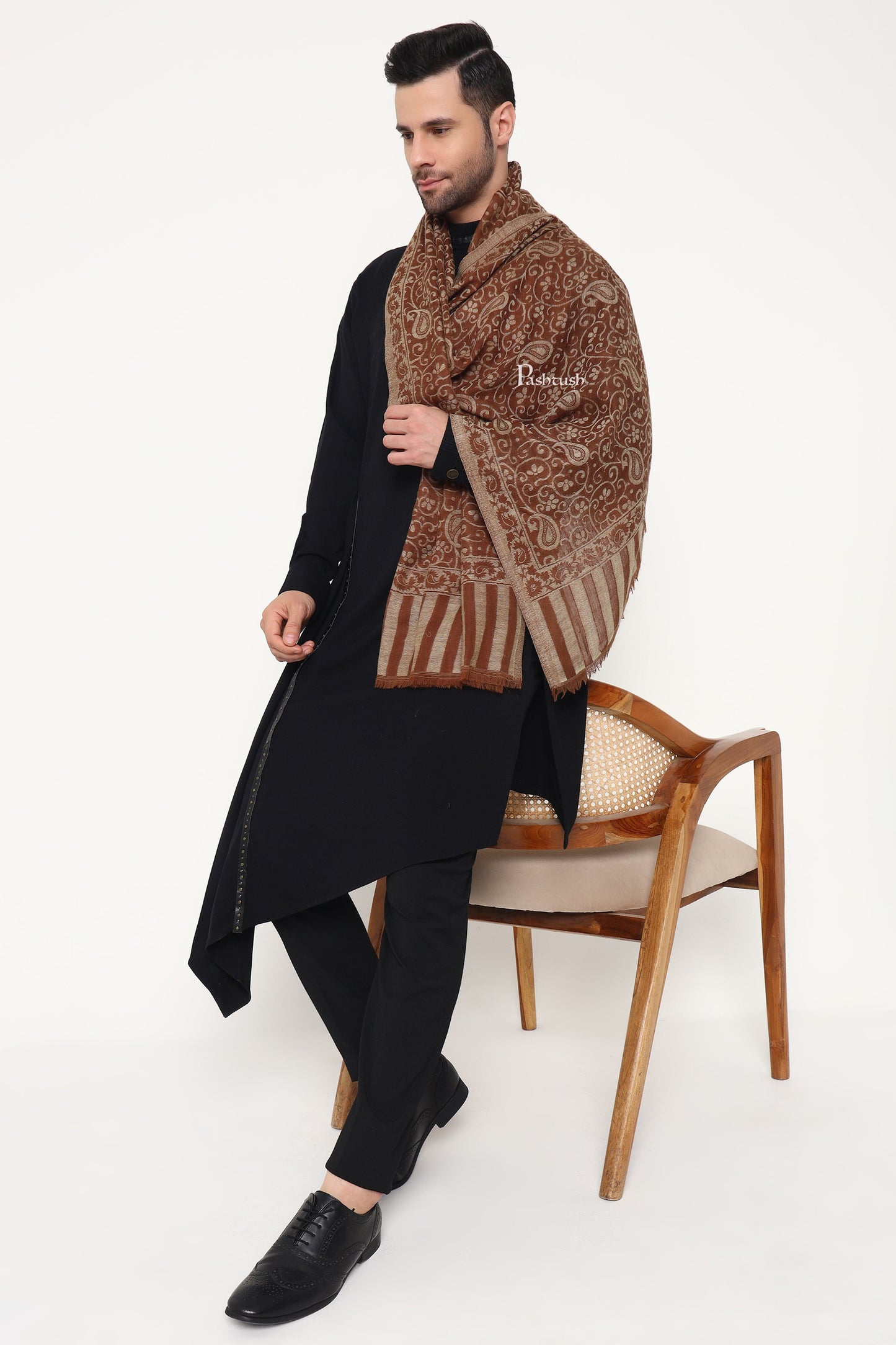 Pashtush India Mens Scarves Stoles and Mufflers Pashtush Mens 100% Pure Wool With Woolmark Certificate Stole, Paisley Design, Brown
