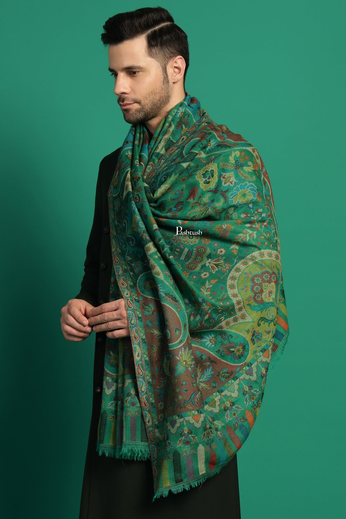 Pashtush India Mens Scarves Stoles and Mufflers Pashtush Mens 100% Pure Wool With Woolmark Certificate Stole, Paisley Design, Green