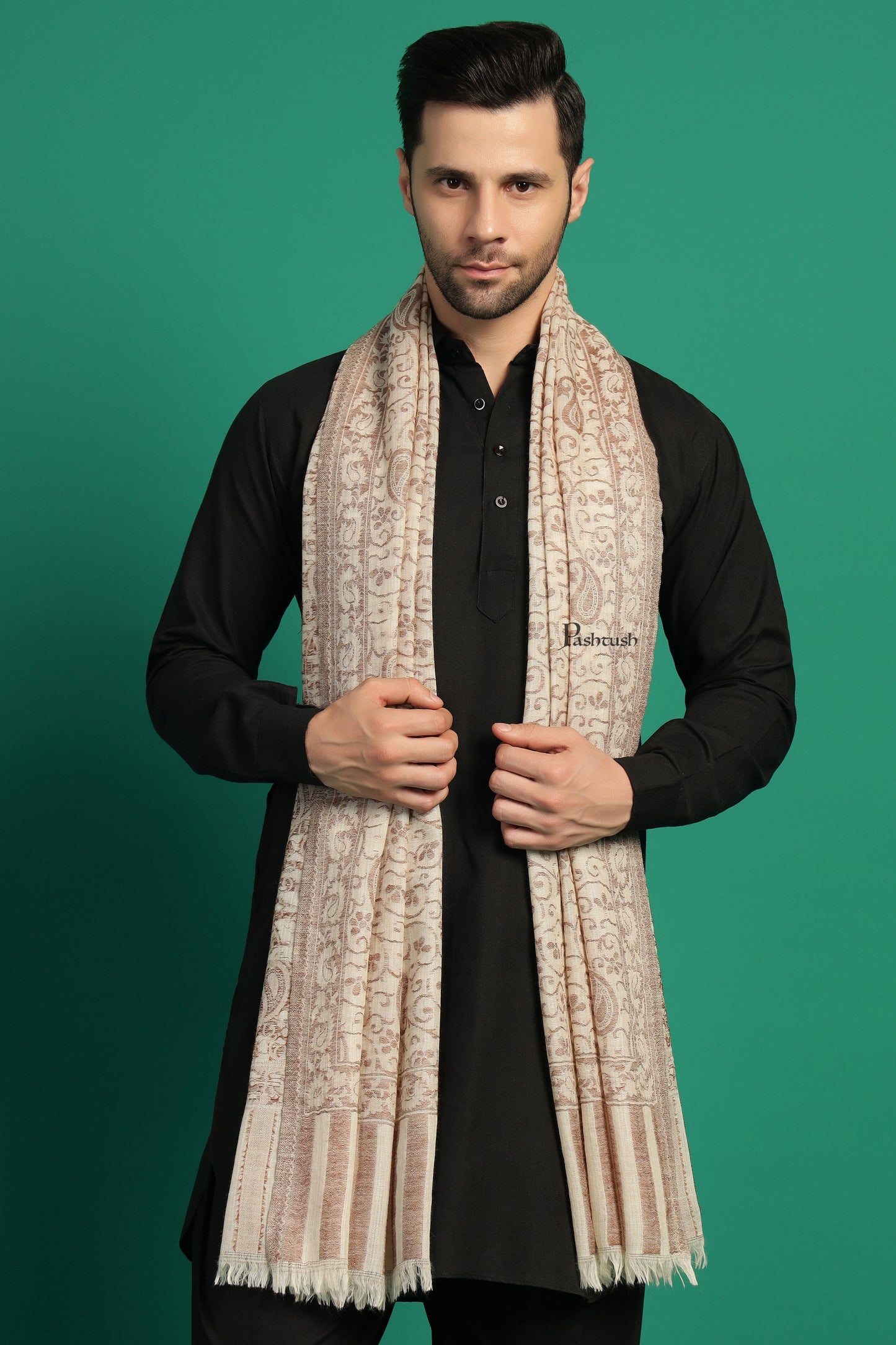 Pashtush India Mens Scarves Stoles and Mufflers Pashtush Mens 100% Pure Wool With Woolmark Certificate Stole, Paisley Design, Ivory