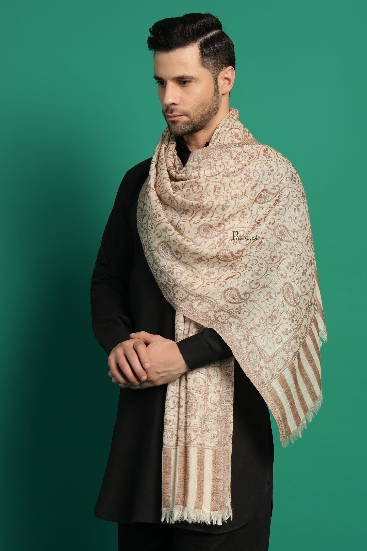 Pashtush India Mens Scarves Stoles and Mufflers Pashtush Mens 100% Pure Wool With Woolmark Certificate Stole, Paisley Design, Ivory