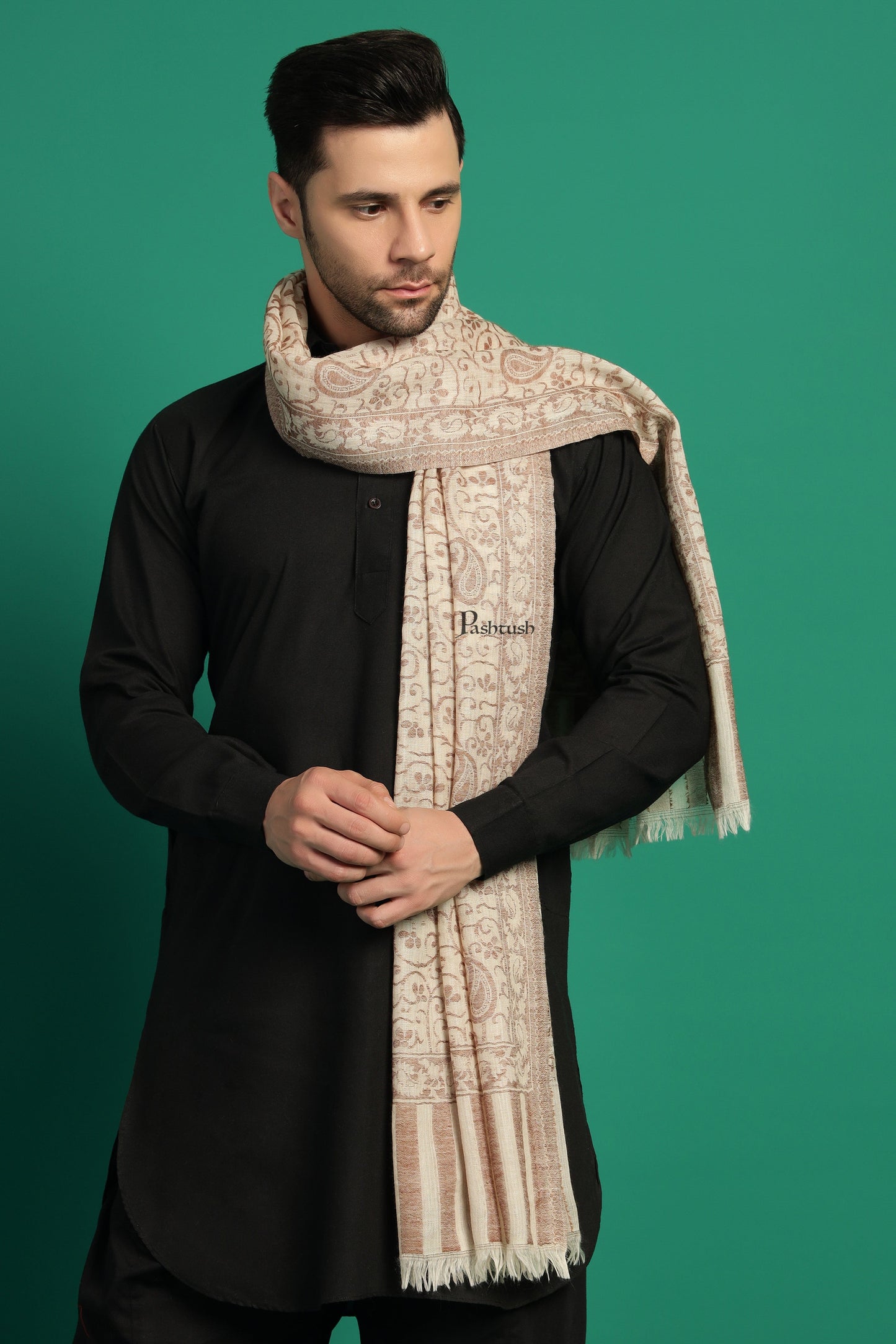Pashtush India Mens Scarves Stoles and Mufflers Pashtush Mens 100% Pure Wool With Woolmark Certificate Stole, Paisley Design, Ivory