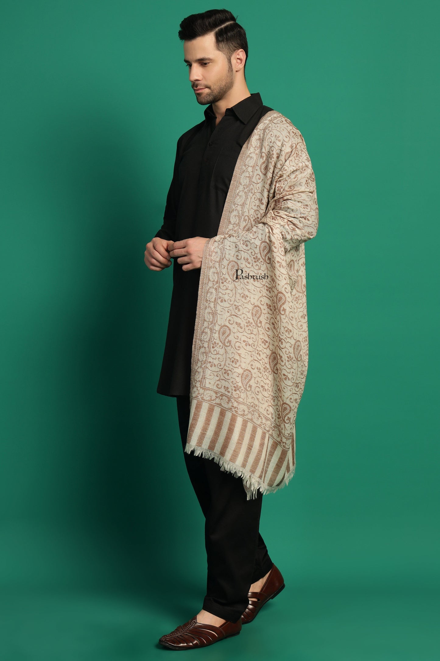 Pashtush India Mens Scarves Stoles and Mufflers Pashtush Mens 100% Pure Wool With Woolmark Certificate Stole, Paisley Design, Ivory