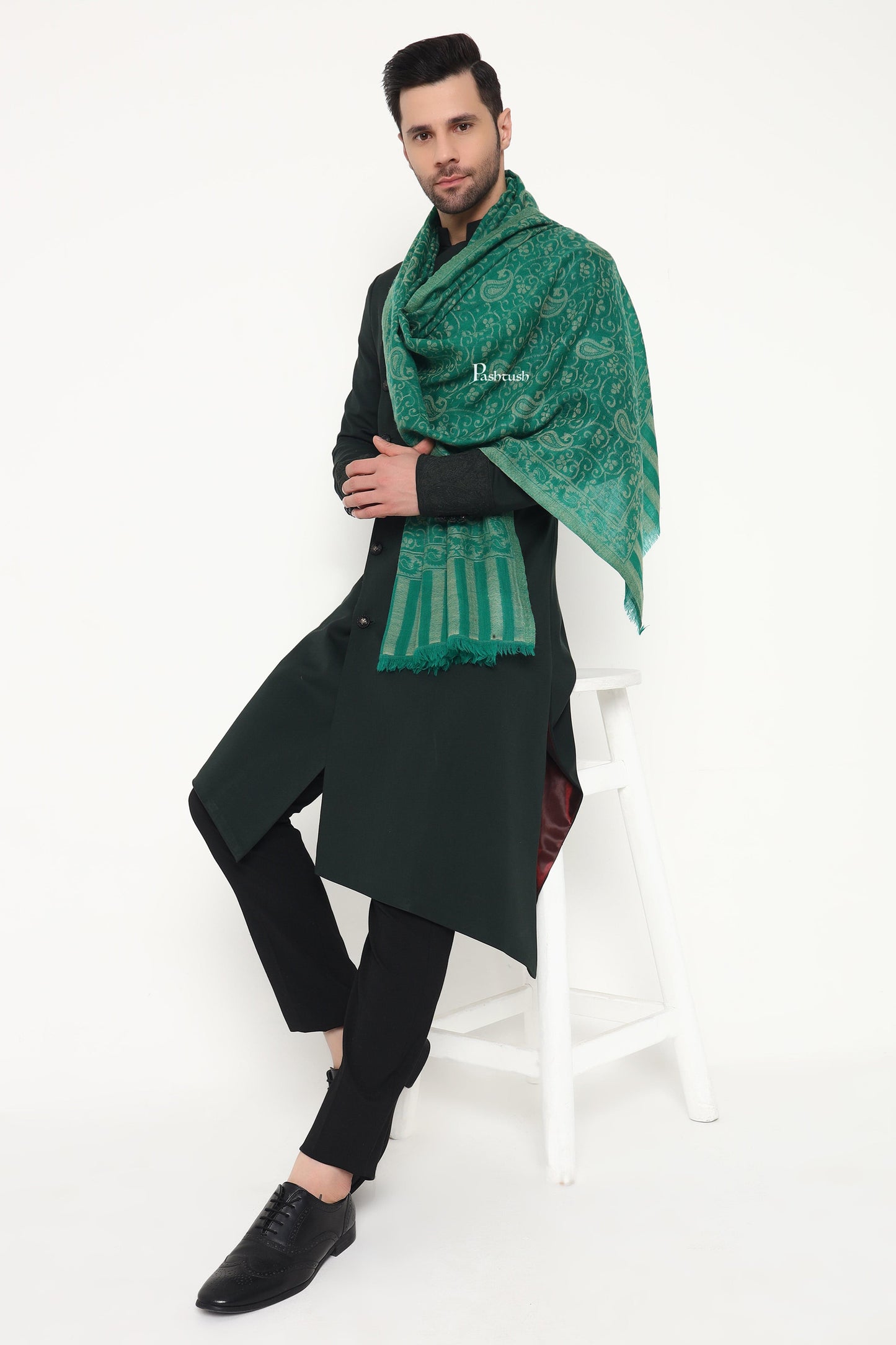 Pashtush India Mens Scarves Stoles and Mufflers Pashtush Mens 100% Pure Wool With Woolmark Certificate Stole, Paisley Weave Design, Green