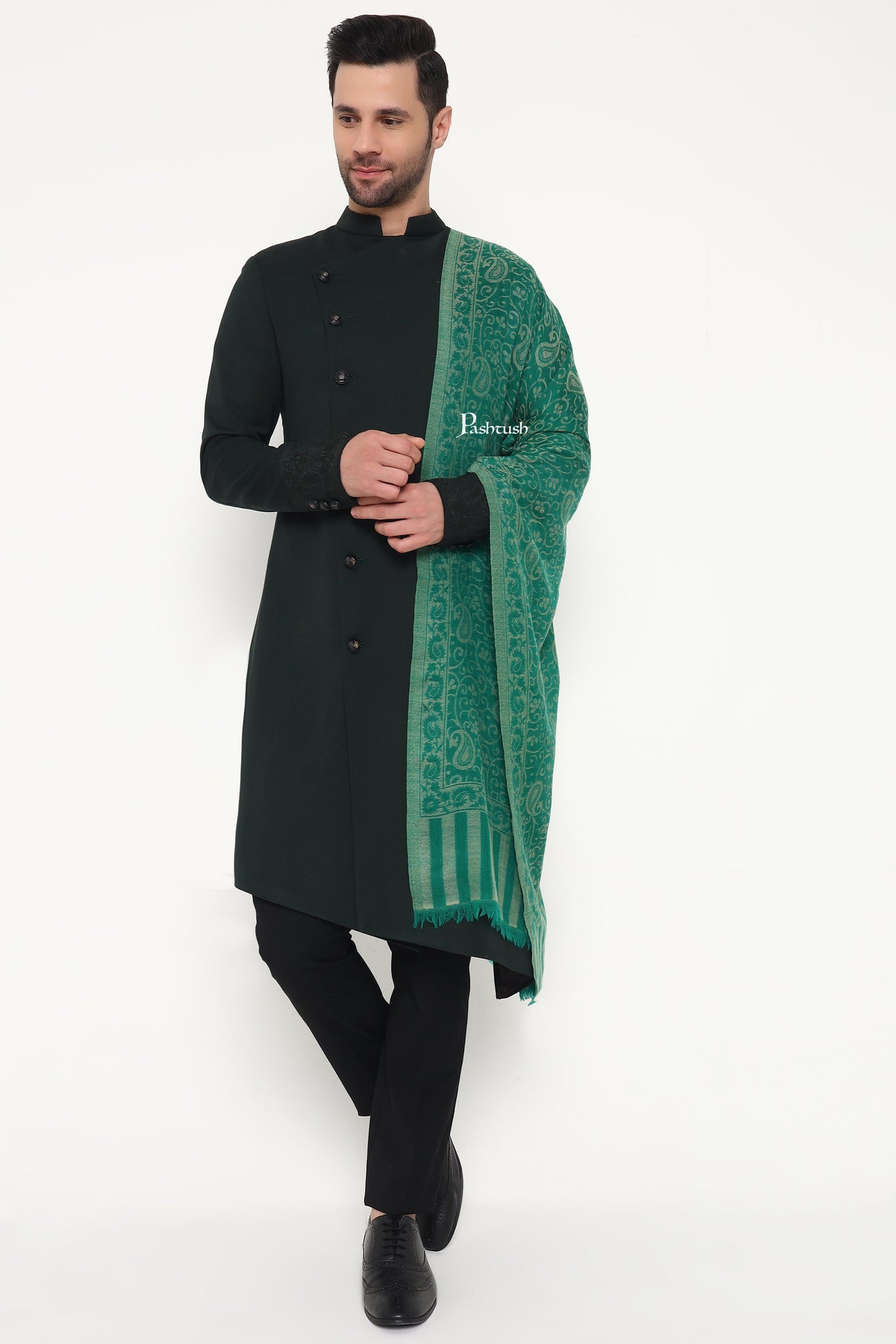 Pashtush India Mens Scarves Stoles and Mufflers Pashtush Mens 100% Pure Wool With Woolmark Certificate Stole, Paisley Weave Design, Green