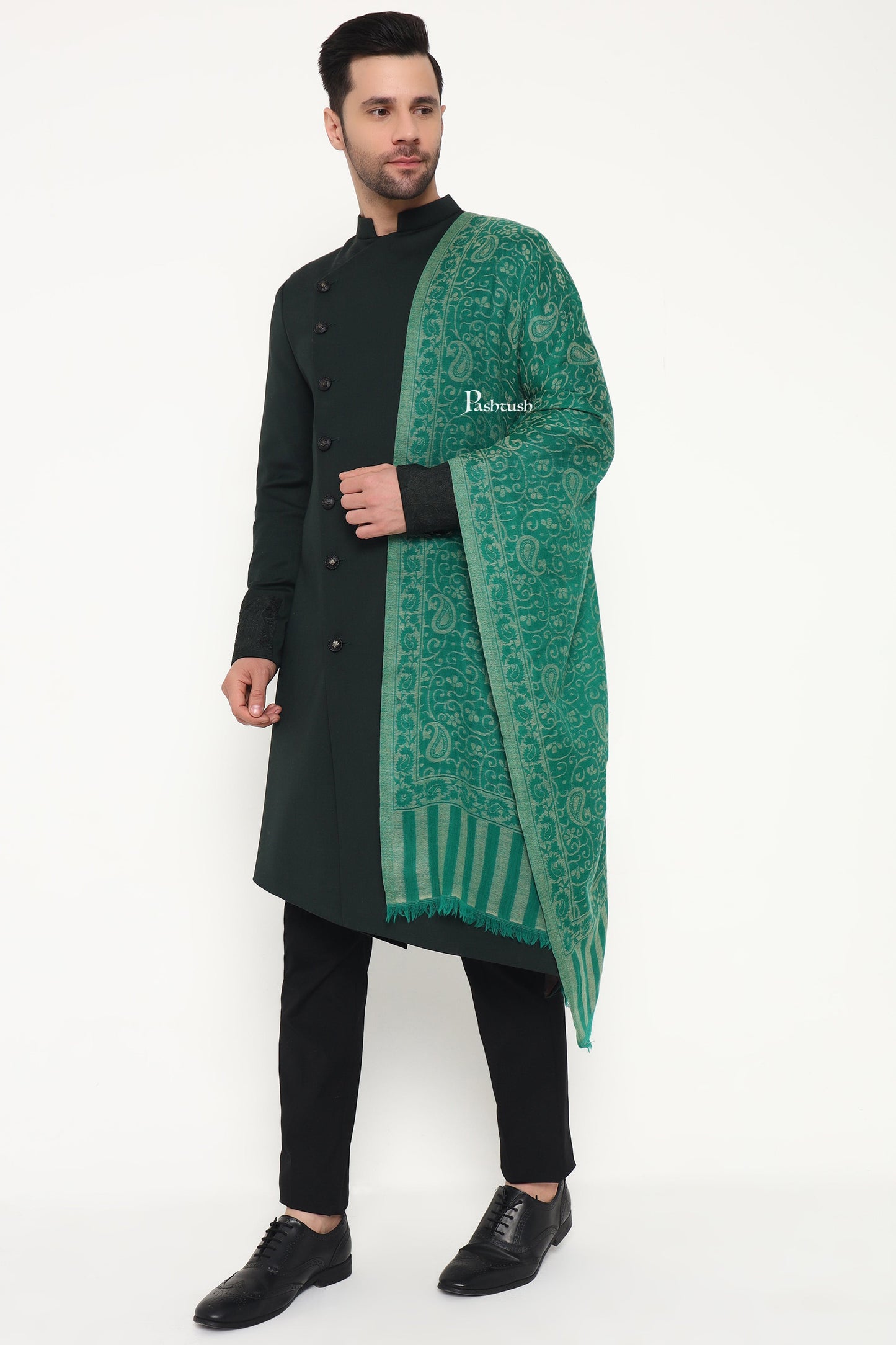 Pashtush India Mens Scarves Stoles and Mufflers Pashtush Mens 100% Pure Wool With Woolmark Certificate Stole, Paisley Weave Design, Green