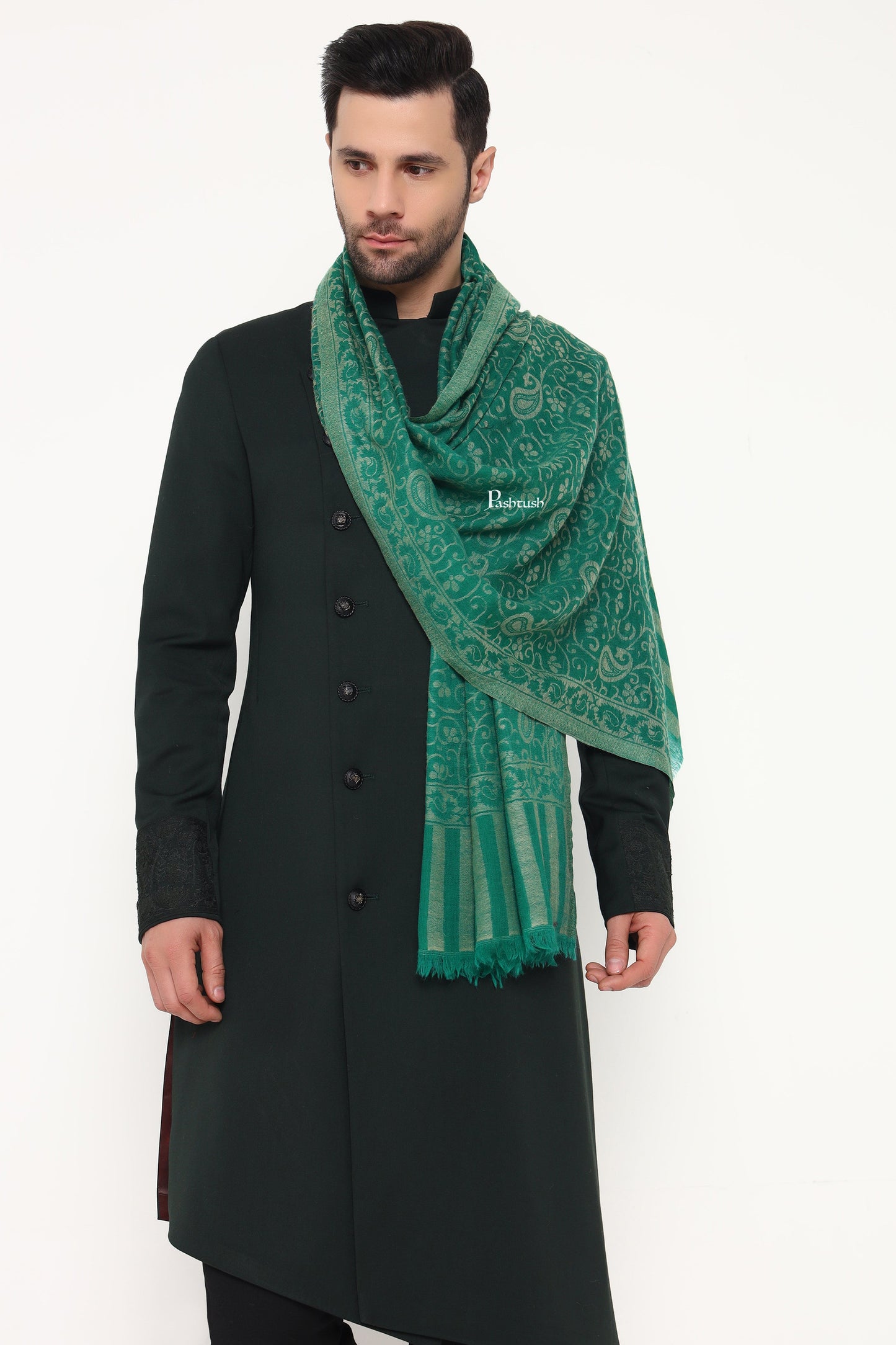 Pashtush India Mens Scarves Stoles and Mufflers Pashtush Mens 100% Pure Wool With Woolmark Certificate Stole, Paisley Weave Design, Green