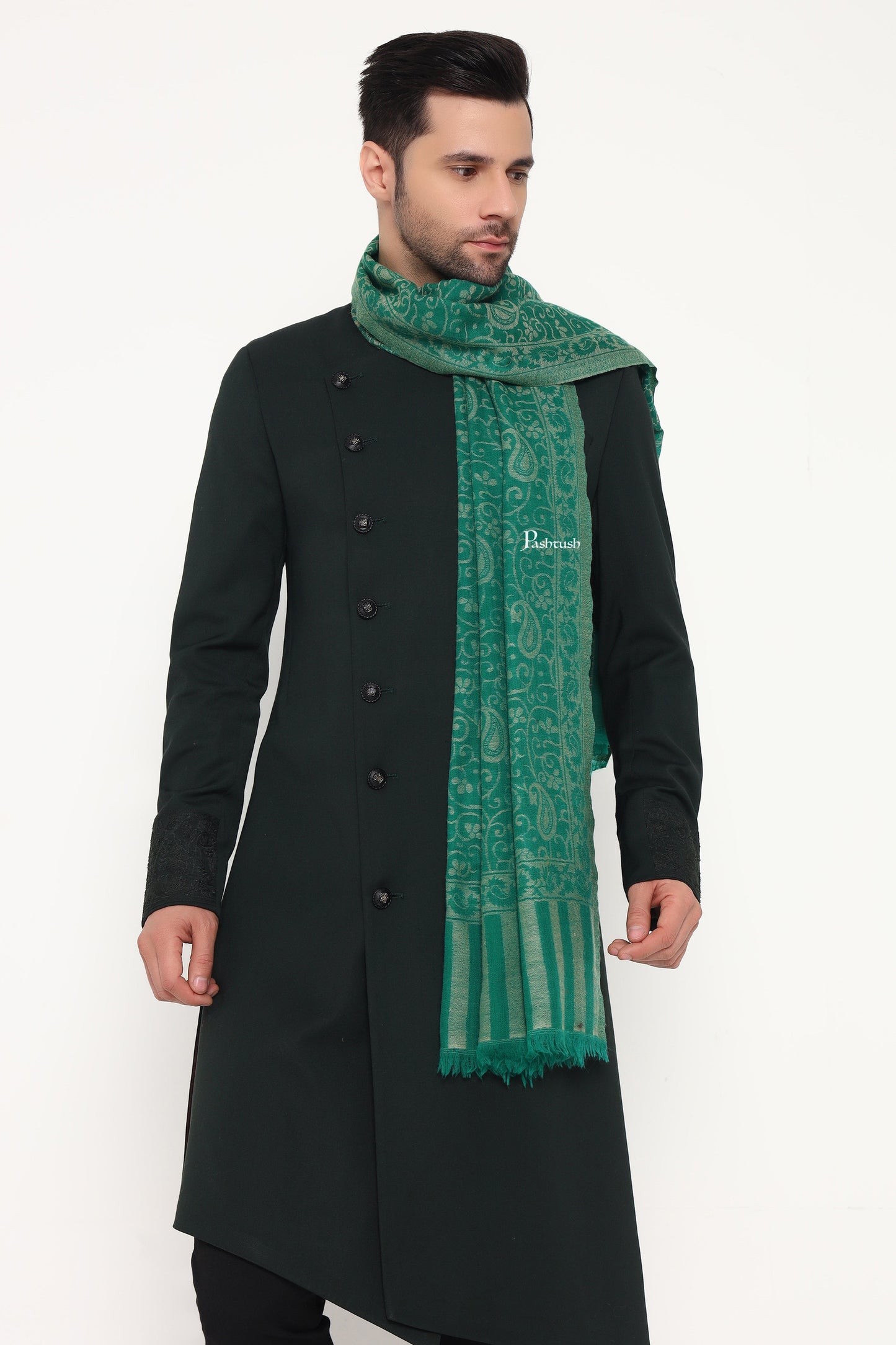 Pashtush India Mens Scarves Stoles and Mufflers Pashtush Mens 100% Pure Wool With Woolmark Certificate Stole, Paisley Weave Design, Green