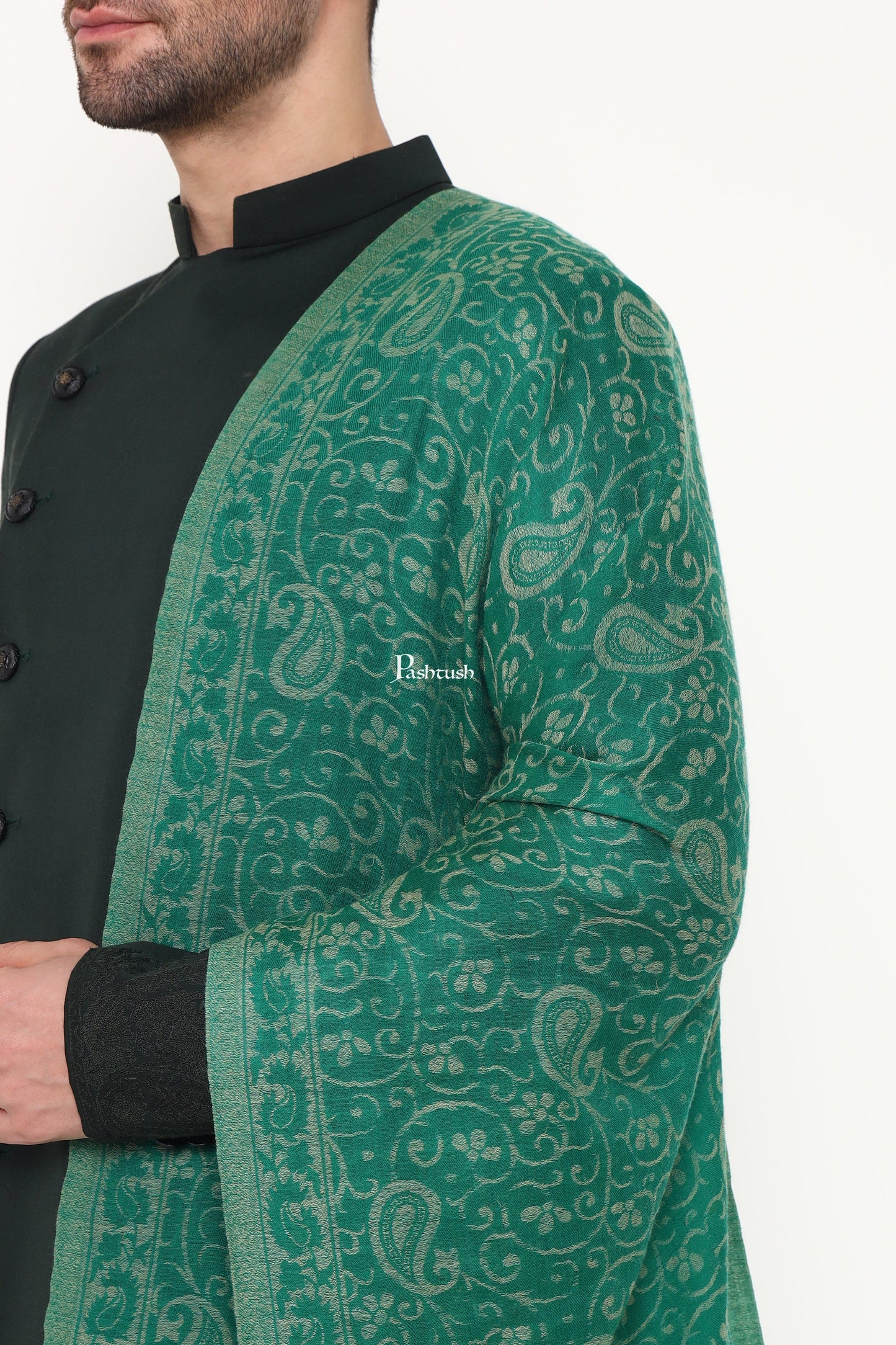 Pashtush India Mens Scarves Stoles and Mufflers Pashtush Mens 100% Pure Wool With Woolmark Certificate Stole, Paisley Weave Design, Green