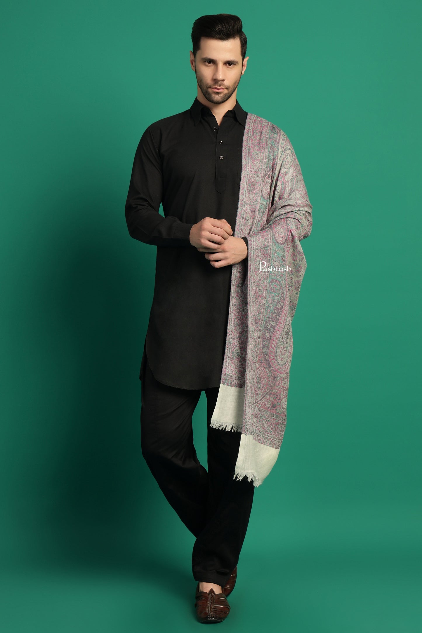 Pashtush India Mens Scarves Stoles and Mufflers Pashtush Mens 100% Pure Wool With Woolmark Certificate Stole, Paisley Weave Design, Ivory