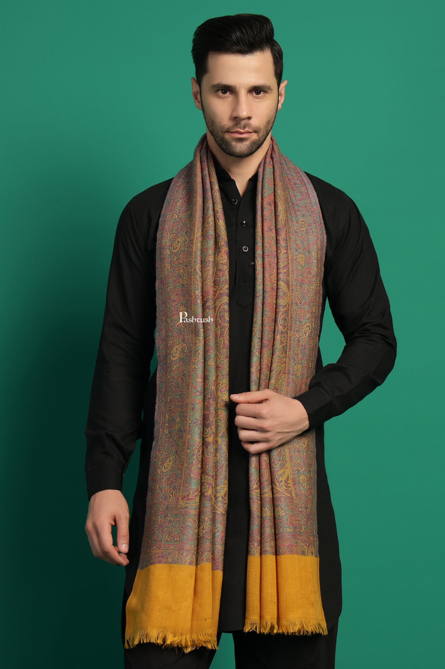 Pashtush India Mens Scarves Stoles and Mufflers Pashtush Mens 100% Pure Wool With Woolmark Certificate Stole, Paisley Weave Design, Mustard