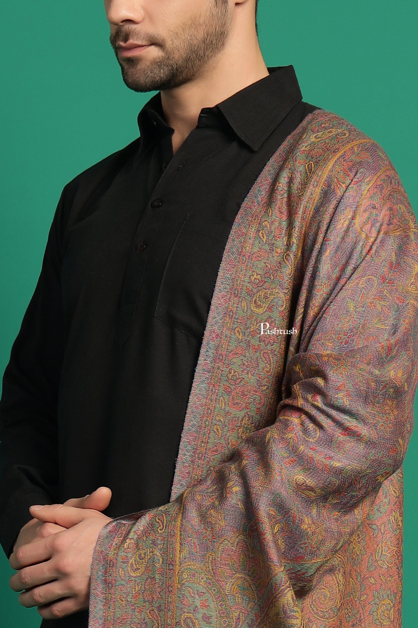 Pashtush India Mens Scarves Stoles and Mufflers Pashtush Mens 100% Pure Wool With Woolmark Certificate Stole, Paisley Weave Design, Mustard